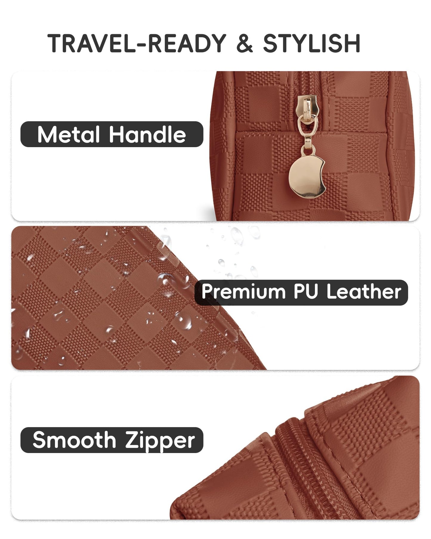 MXXUUOOM Checkered Makeup Bag, PU Leather Cosmetic Pouch