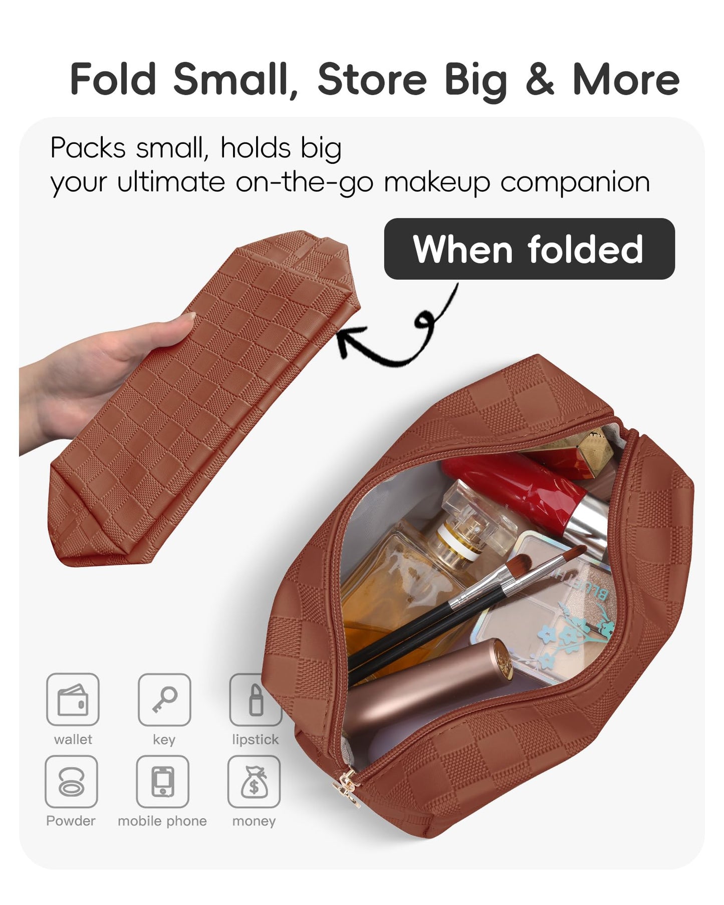 MXXUUOOM Checkered Makeup Bag, PU Leather Cosmetic Pouch