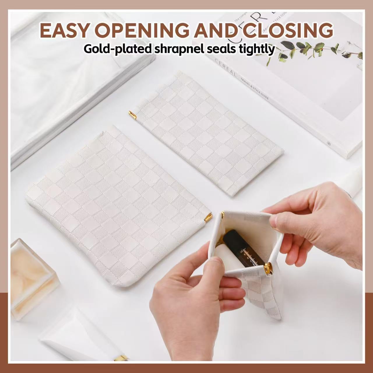 MZLUWM 3PCS Small Makeup Bag for Purse，Waterproof Leather Portable Mini Makeup Bag,Snap Closure Organizer Pouch for Coin Cards Jewelry Lipstick Cosmetic Accessories，Small Travel Kit Storage Pouch