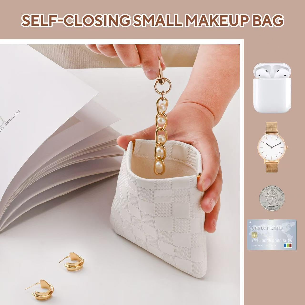 MZLUWM 3PCS Small Makeup Bag for Purse，Waterproof Leather Portable Mini Makeup Bag,Snap Closure Organizer Pouch for Coin Cards Jewelry Lipstick Cosmetic Accessories，Small Travel Kit Storage Pouch
