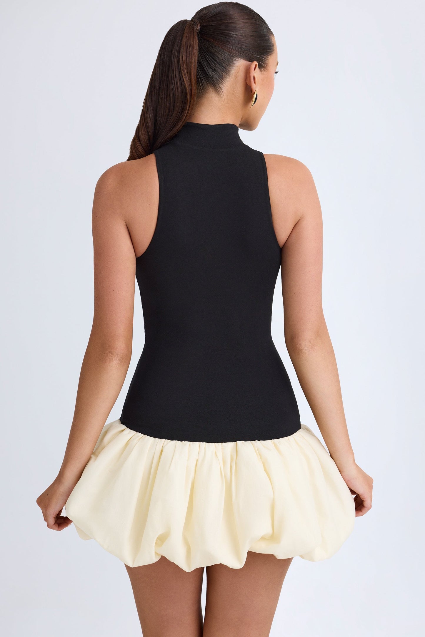 Modal Turtleneck Drop-Waist Bubble Hem Mini Dress in Black