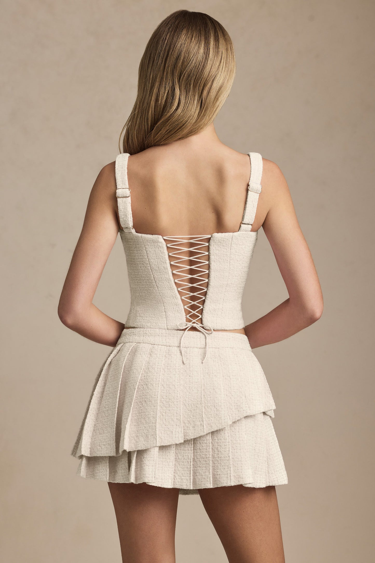 Layered Pleated Low-Rise Mini Skirt in Ivory