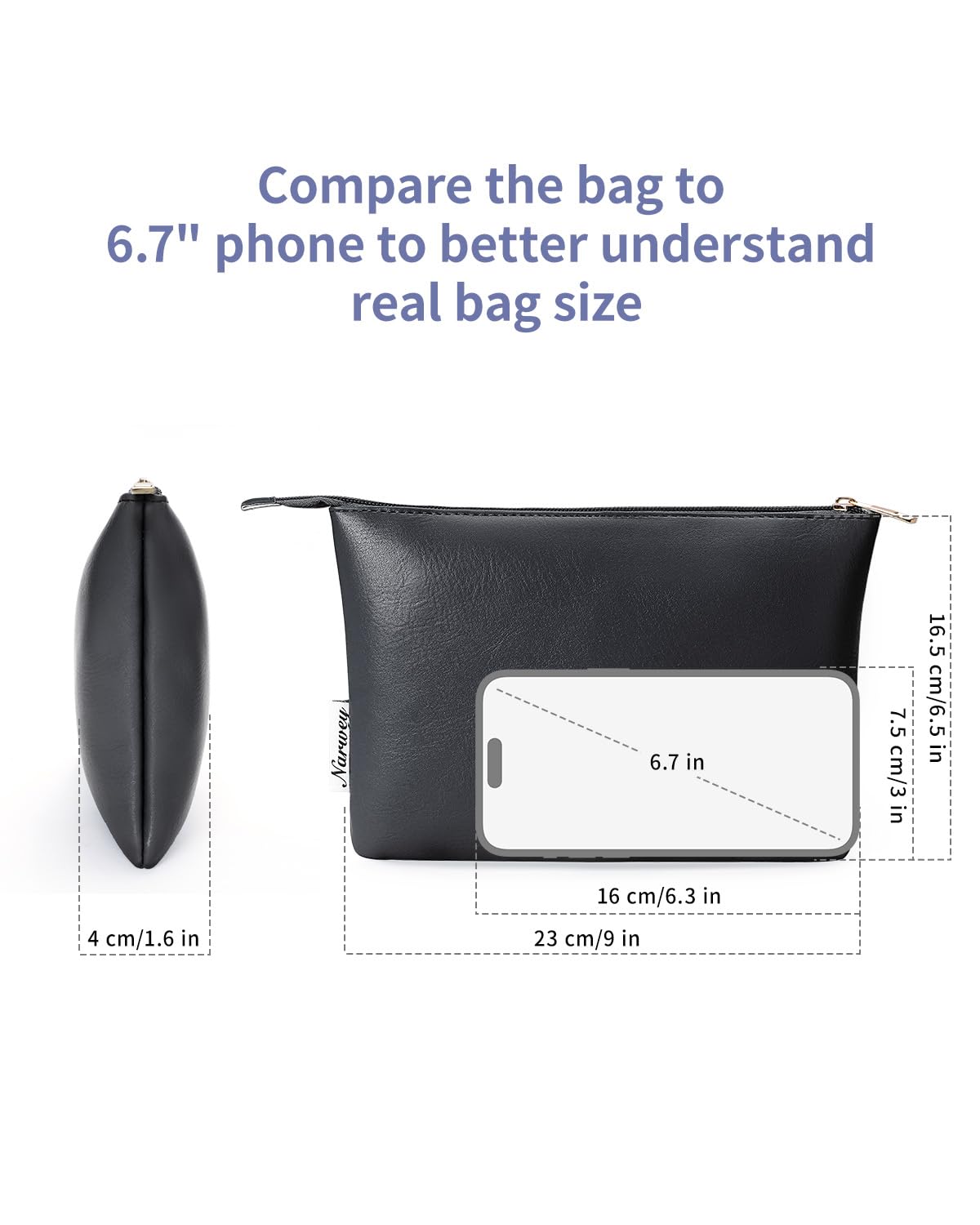 Narwey Small Makeup bag for Purse, Small Makeup Pouch for Purse Cosmetic Bag with Zipper, Cute PU Leather Make up Pouch for Women Girls (Black)