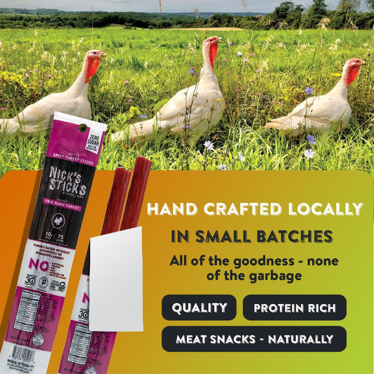 Nick's Sticks Clean & Balanced Spicy Free Range Turkey Snack Sticks – 25-Pack, Made in USA, Gluten Free, Paleo, Keto