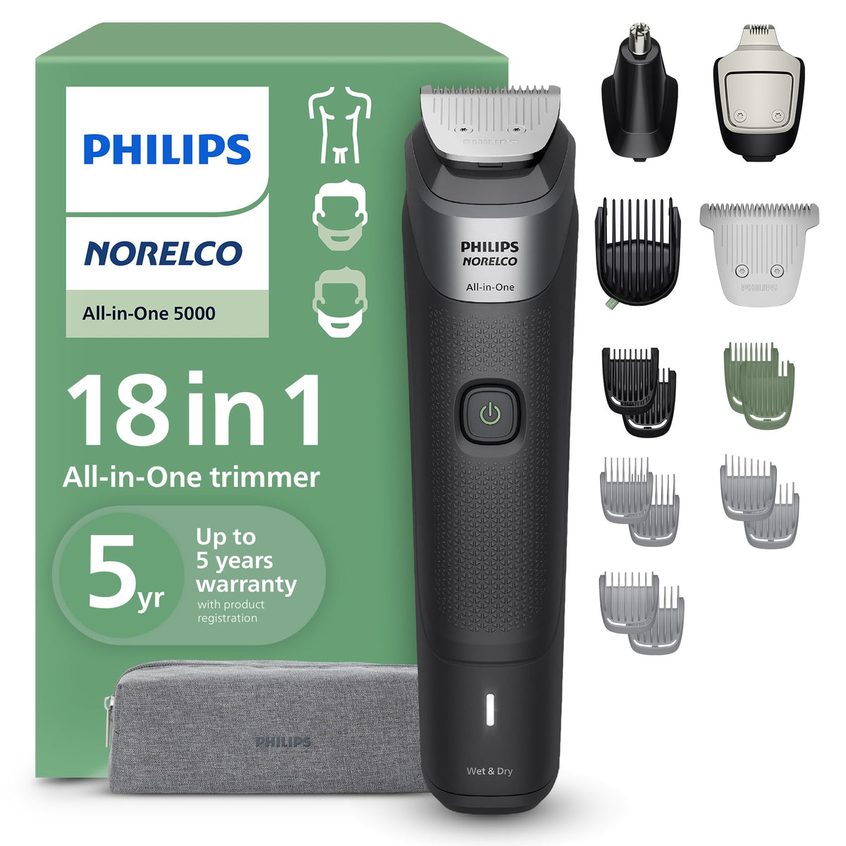 Norelco Philips All-in-One 5000 18-in-1 Trimmer, Face, Hair & Body, Black
