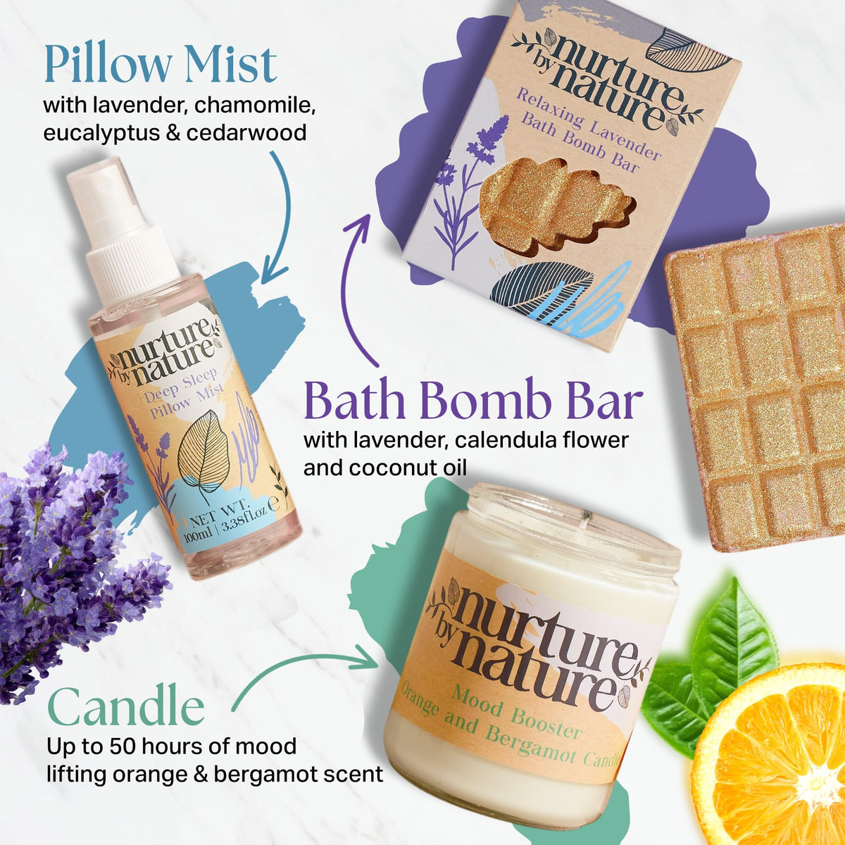 Nurture by Nature Self Care Gifts for Women - Spa Gift Baskets for Women & Relaxation Gifts | At Home Spa Kit | 6 Piece Bath Set with Pillow Spray, Candle, Bath Bomb & Bath Salts