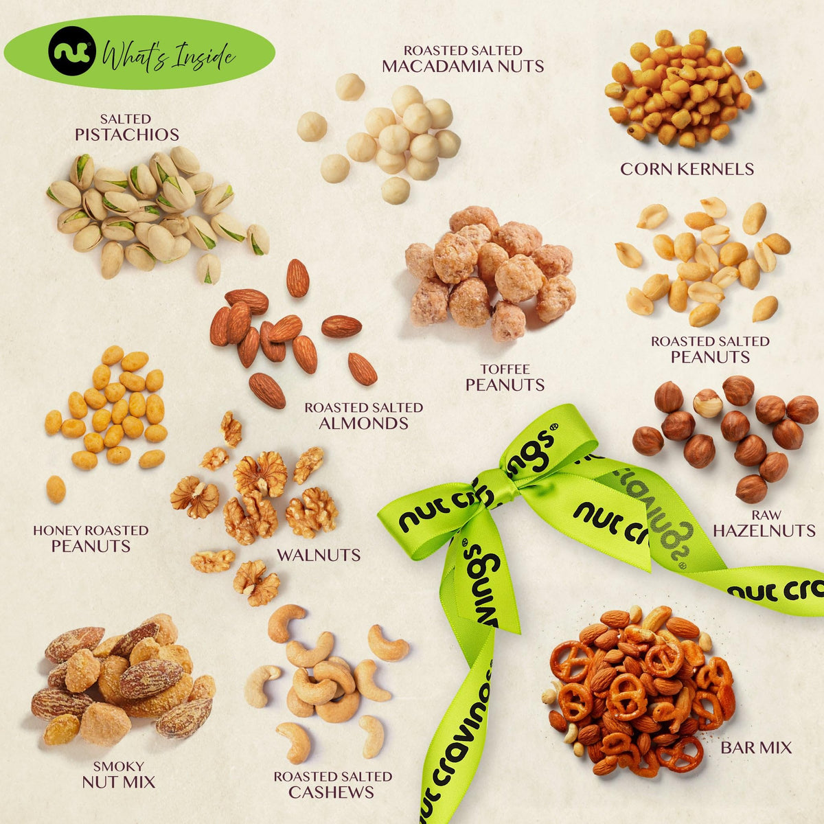 Nut Cravings Mother's Day Mixed Nuts Gift Basket — Reusable Wood Tray, Green Ribbon, 12 Assortments | Kosher