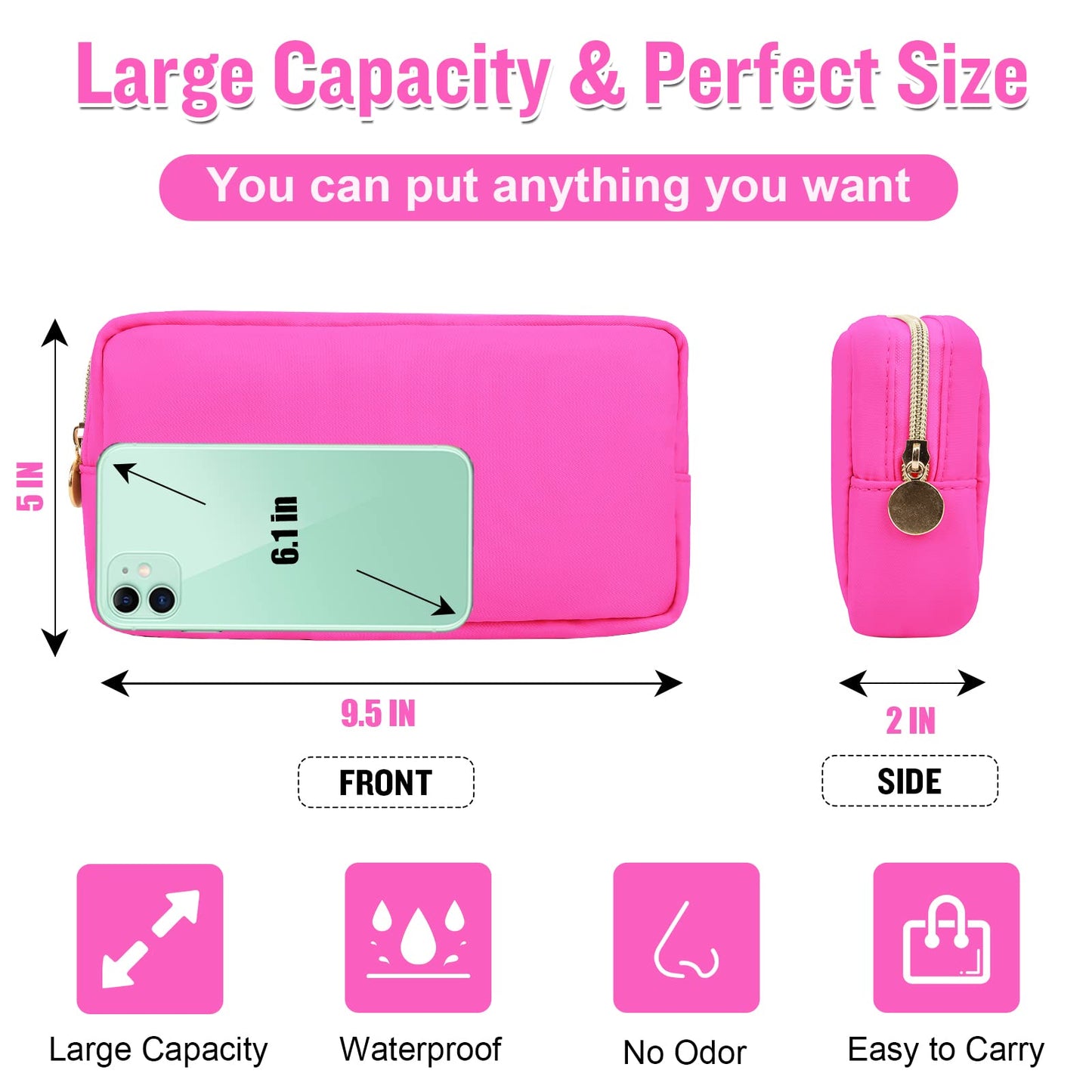 Nylon Small Makeup Bag for Purse, Cute Preppy Makeup Bag Cosmetic Zipper Pouch Purse, Waterproof Portable Travel Toiletry Bag Clutch Makeup Brush Bag Organizer Storage for Women Men Girls(Hot Pink)