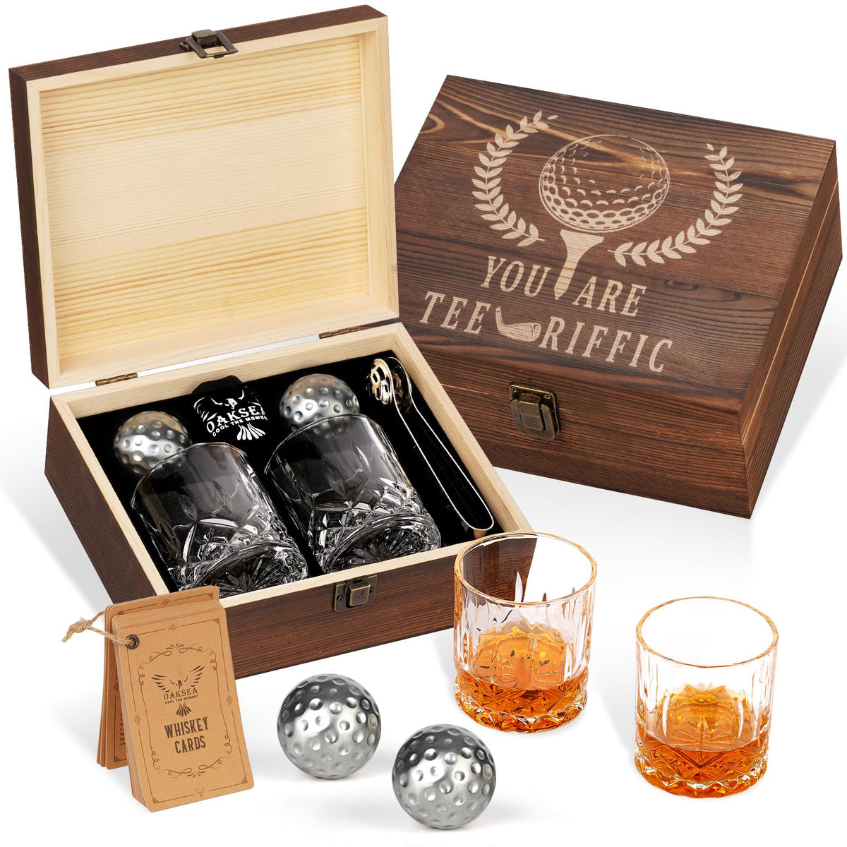 Oaksea Golf Ball Whiskey Stones Gift Set for Men – Engraved Box & Cocktail Cards
