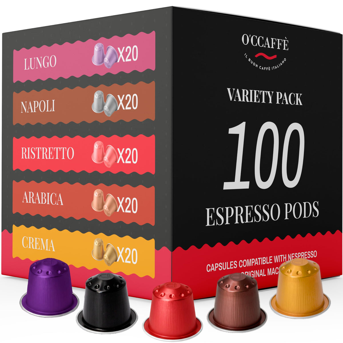 Occaffe Variety Pack Espresso Pods | CAPSUCUP SELECTION 100-Count Espresso Capsules for Nespresso