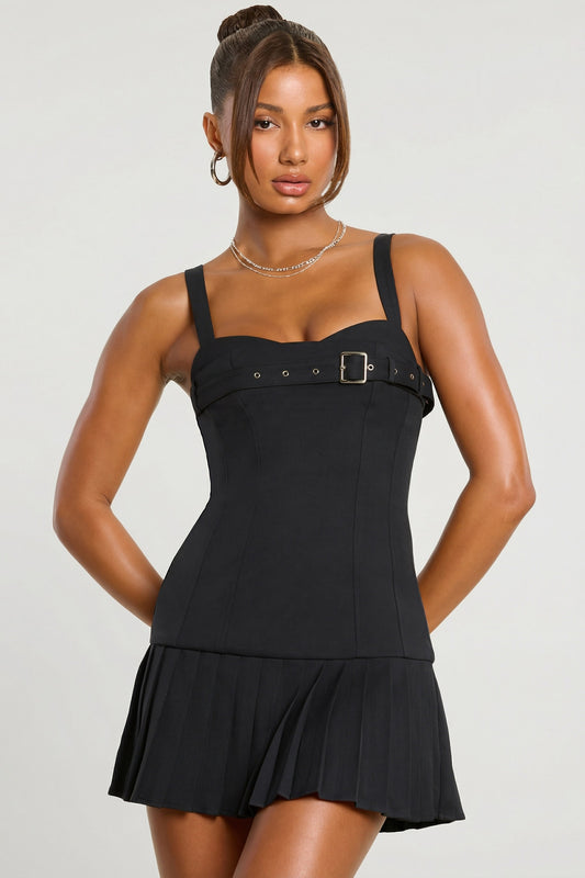 Brushed Twill Drop Waist Kilt Mini Dress in Black
