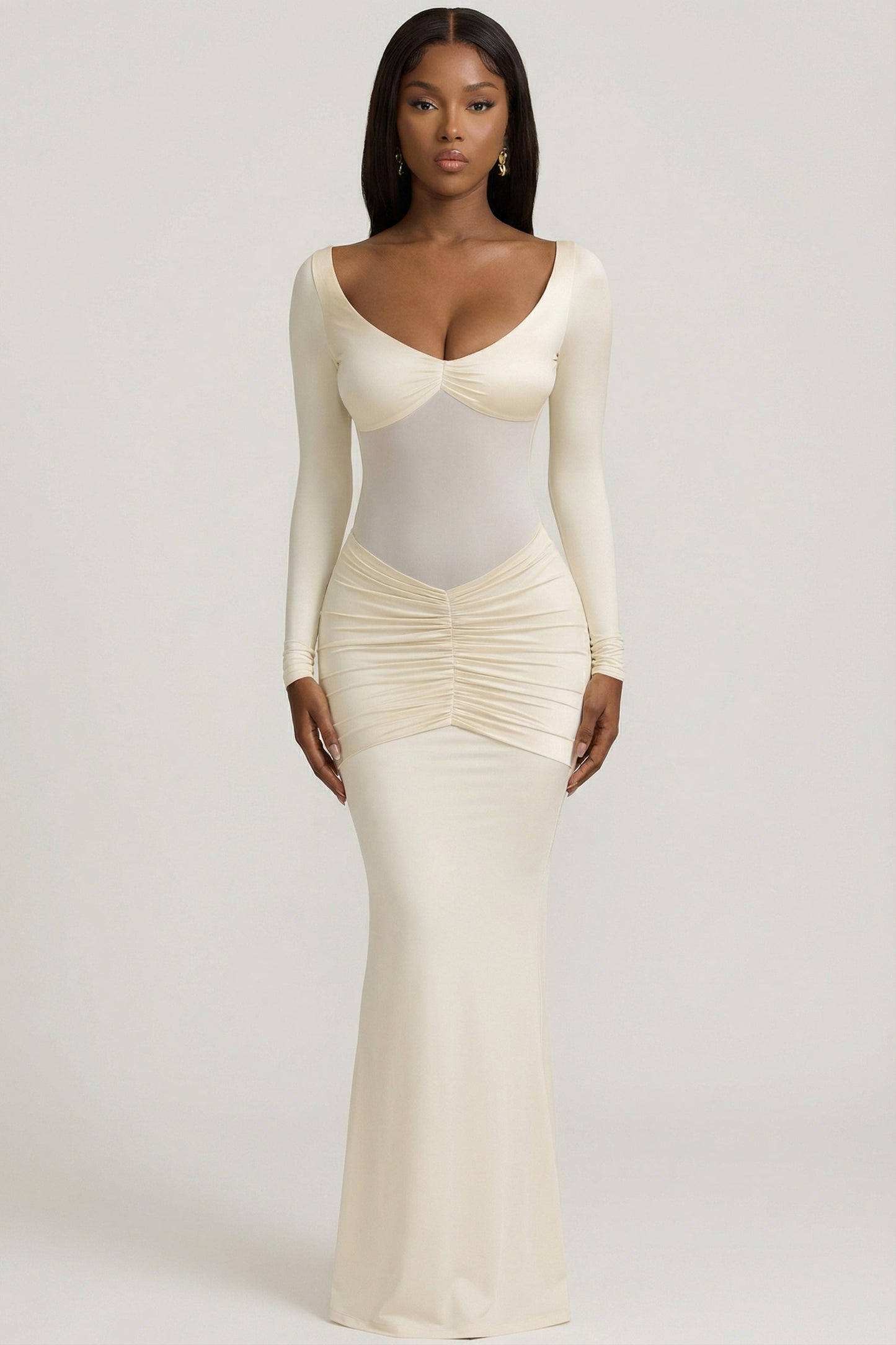 Bow-Detail Ruched Maxi Dress in Ivory