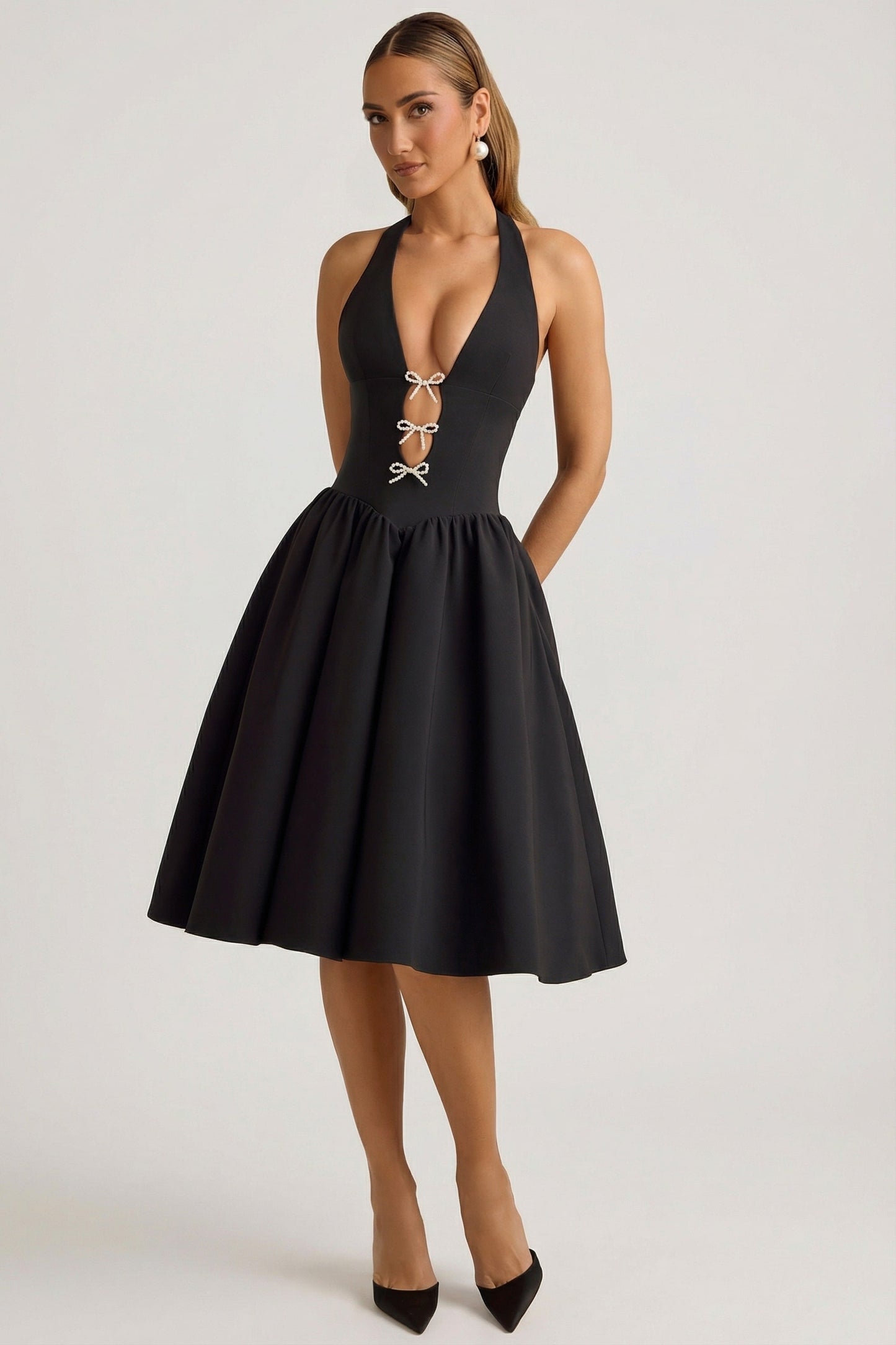 Halterneck Bow-Detail Midi Dress in Black