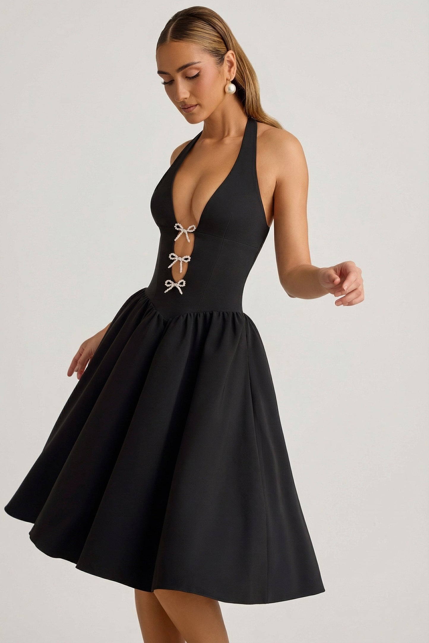 Halterneck Bow-Detail Midi Dress in Black