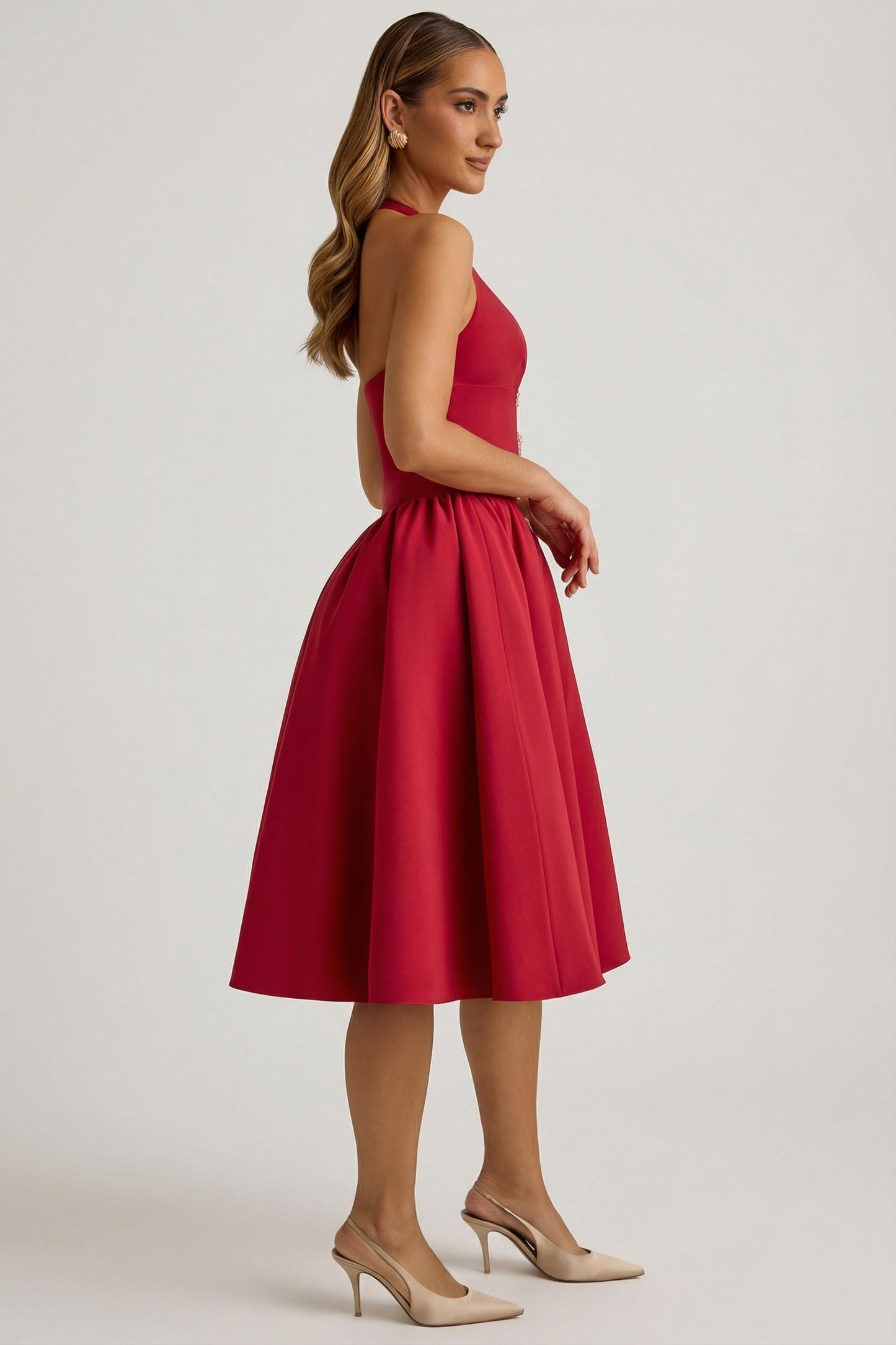 Halterneck Bow-Detail Midi Dress in True Red