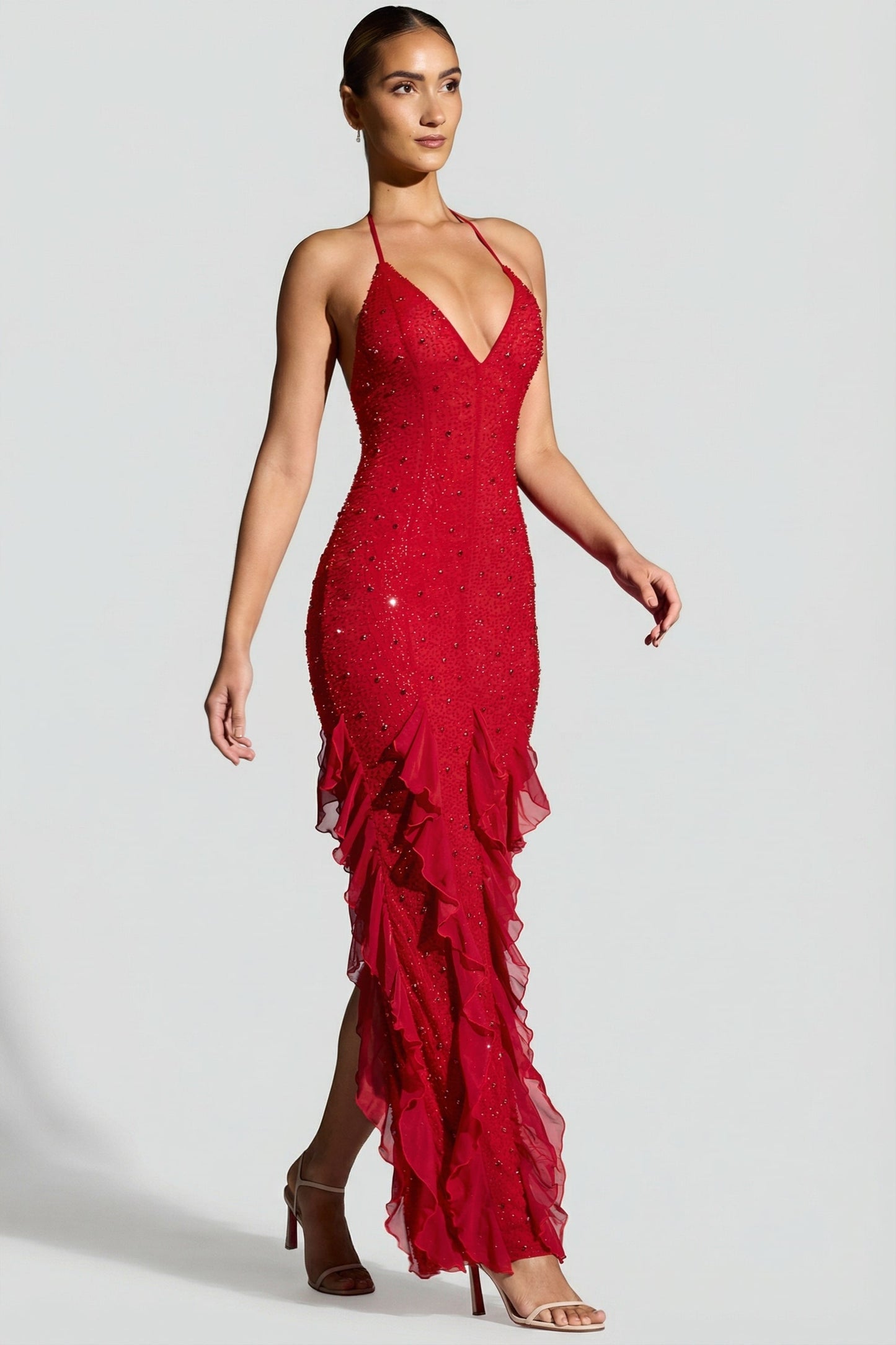 Embellished Halter Neck Ruffle Maxi Dress in Red