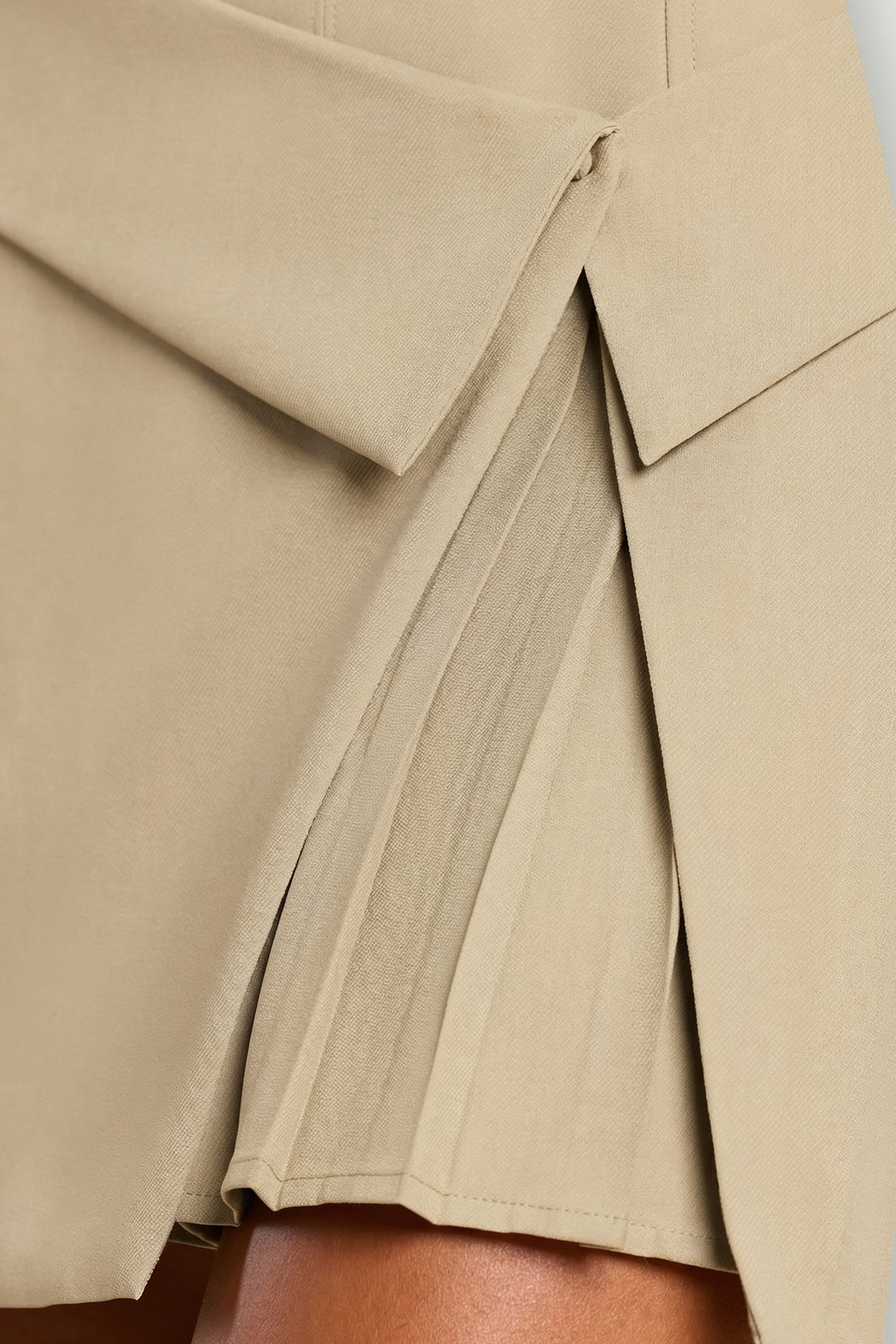 Woven Twill Wrap Over Pleated Mini Dress in Taupe