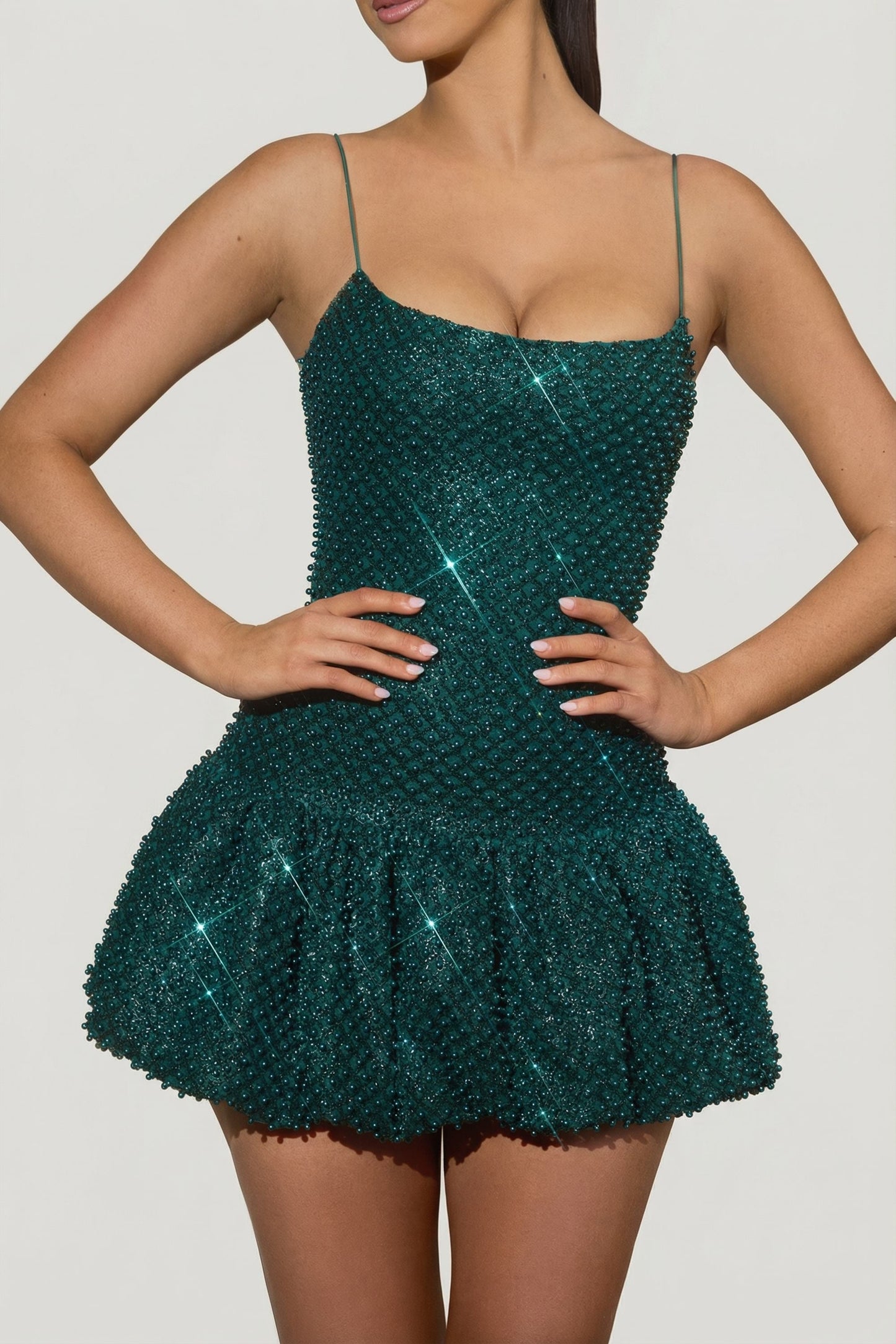 Embellished Bubble Hem Mini Dress in Teal Green
