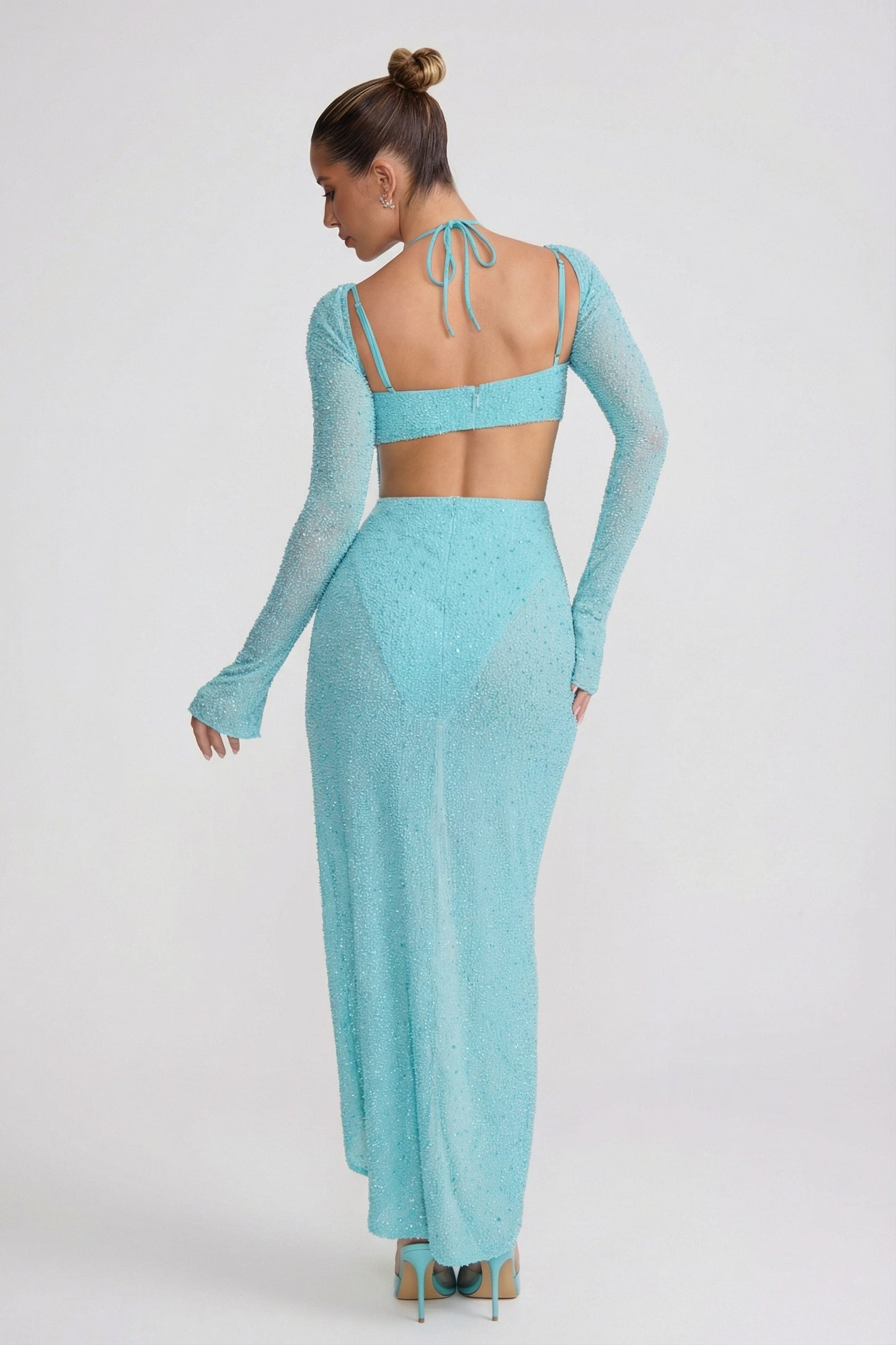 Embellished Cowl Neck Maxi Dress in Aqua