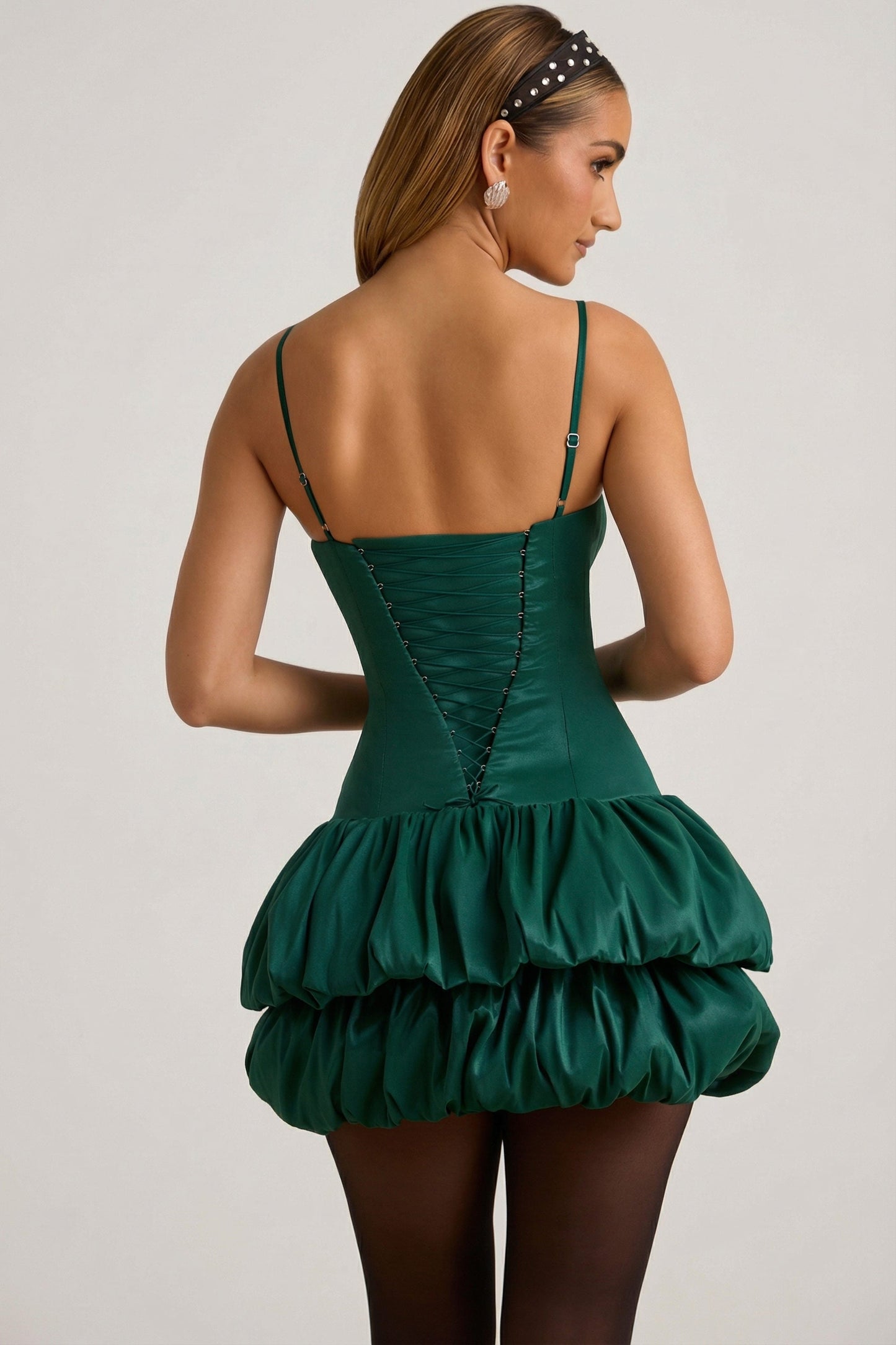 Satin Bubble Hem Corset Mini Dress in Emerald Green