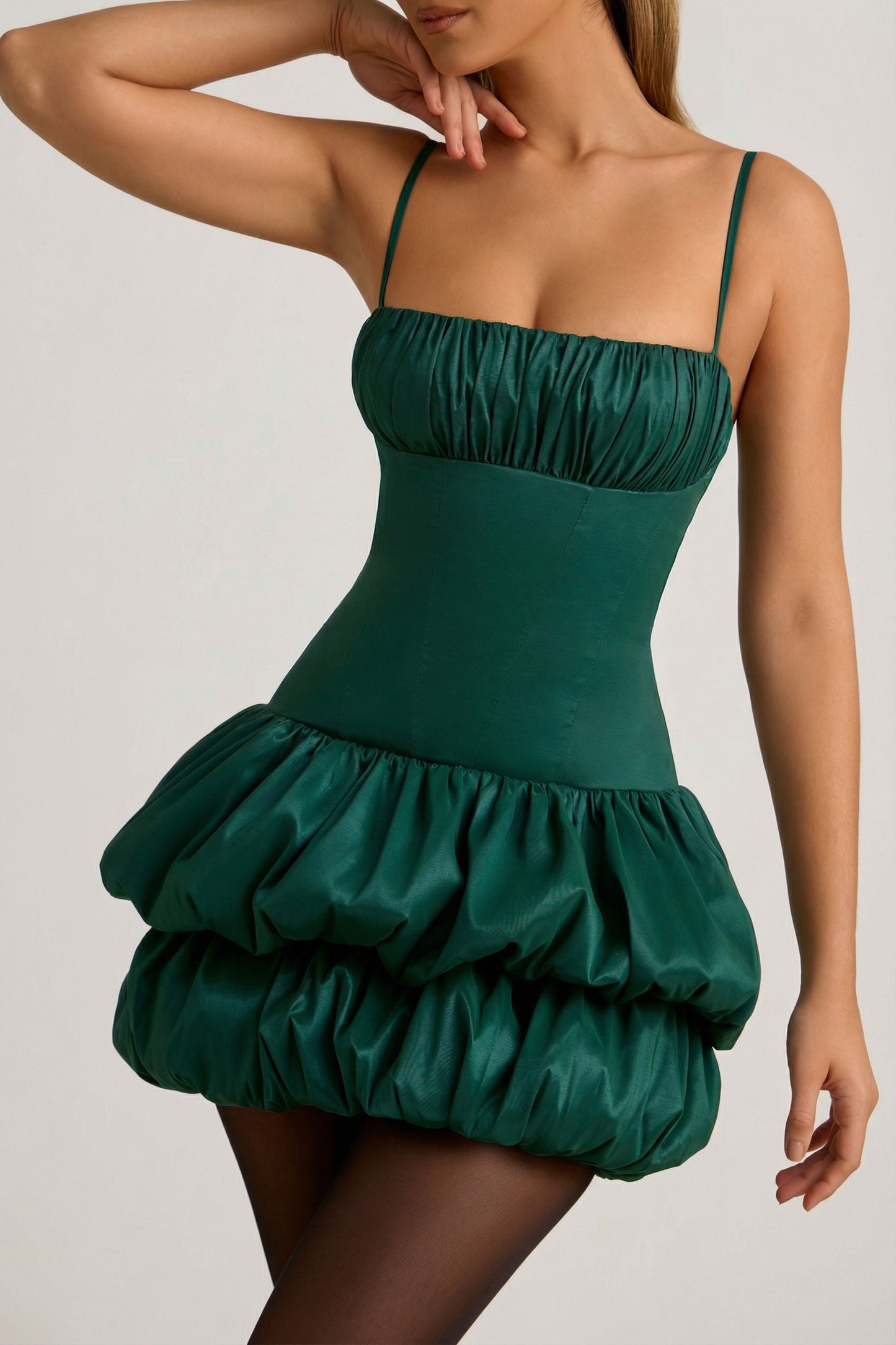 Satin Bubble Hem Corset Mini Dress in Emerald Green