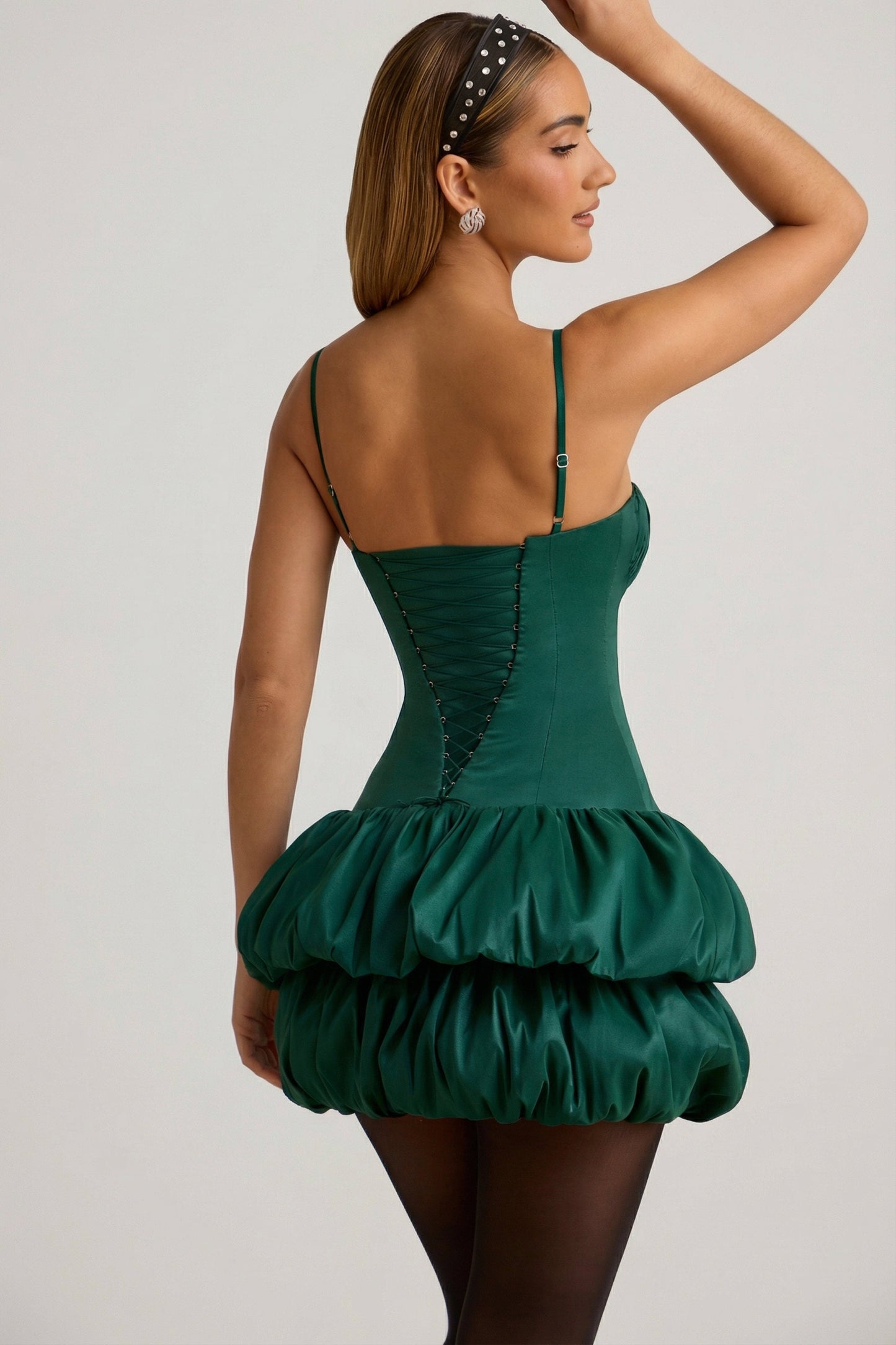 Satin Bubble Hem Corset Mini Dress in Emerald Green