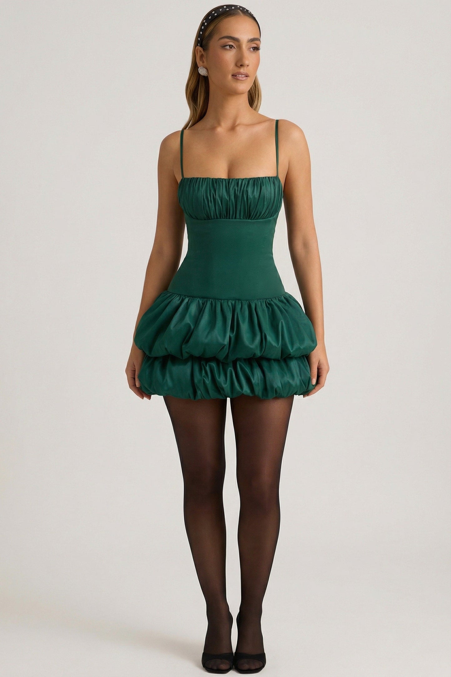 Satin Bubble Hem Corset Mini Dress in Emerald Green