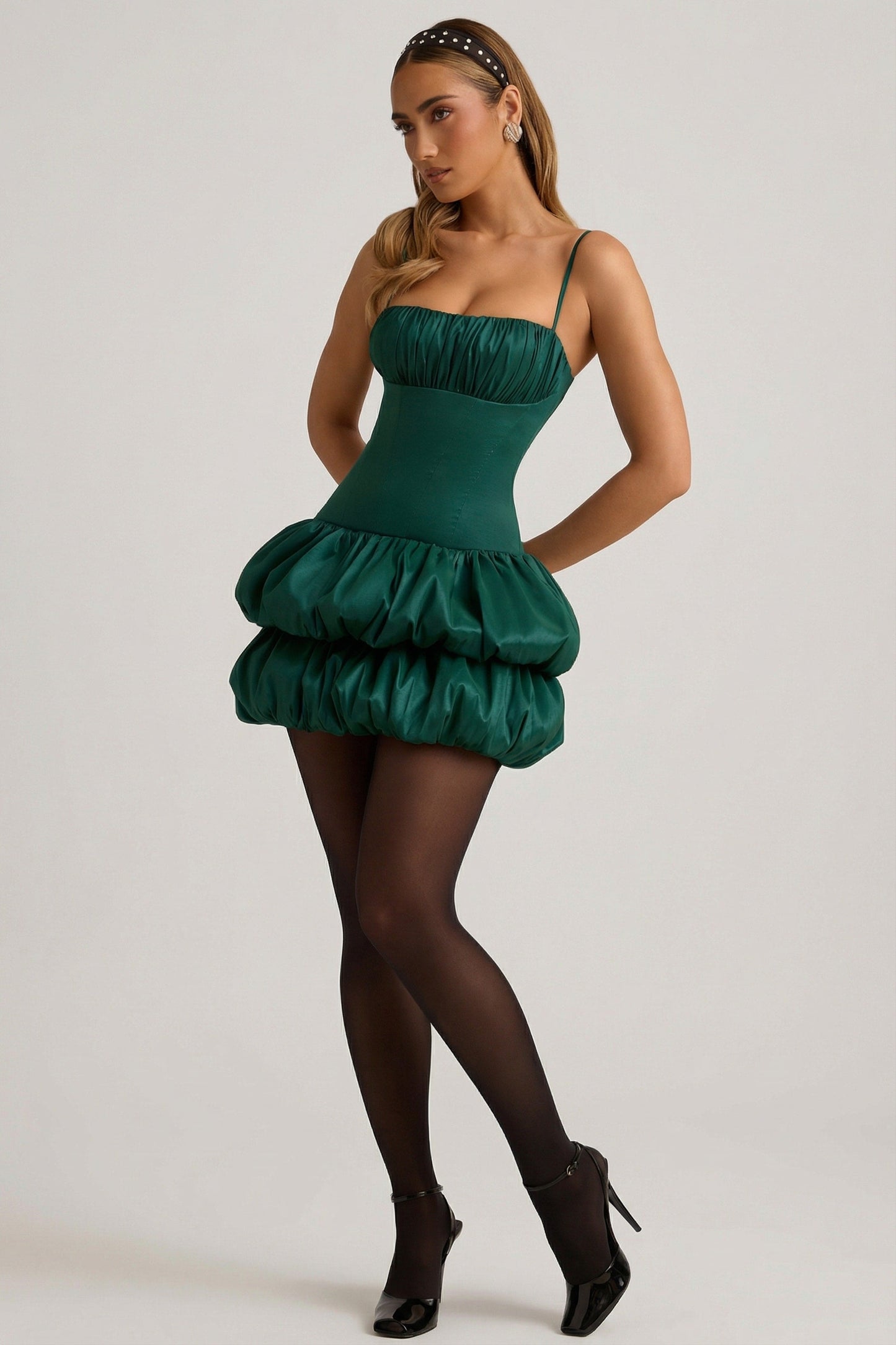 Satin Bubble Hem Corset Mini Dress in Emerald Green