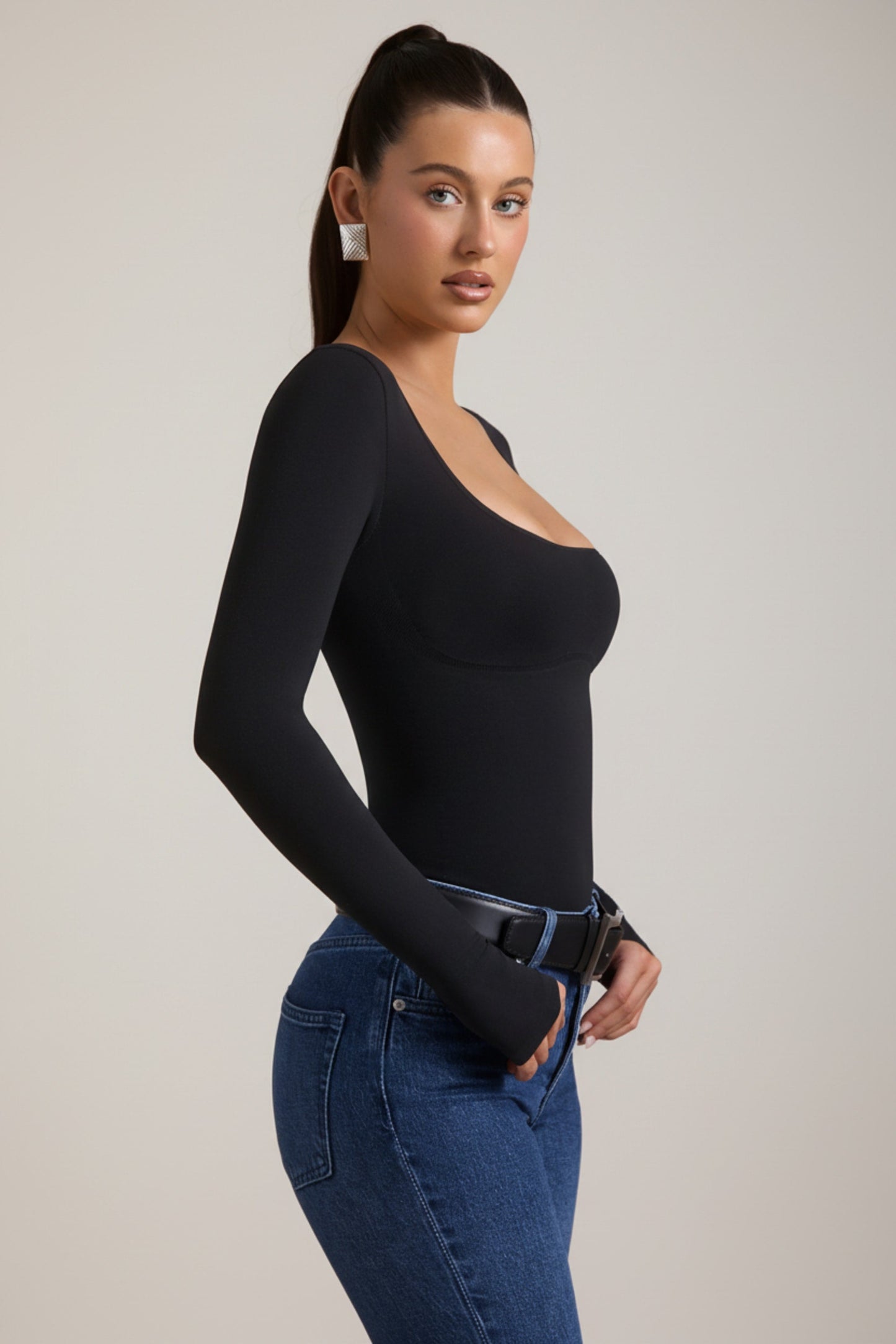Seamless Long-Sleeve Bodysuit in Black