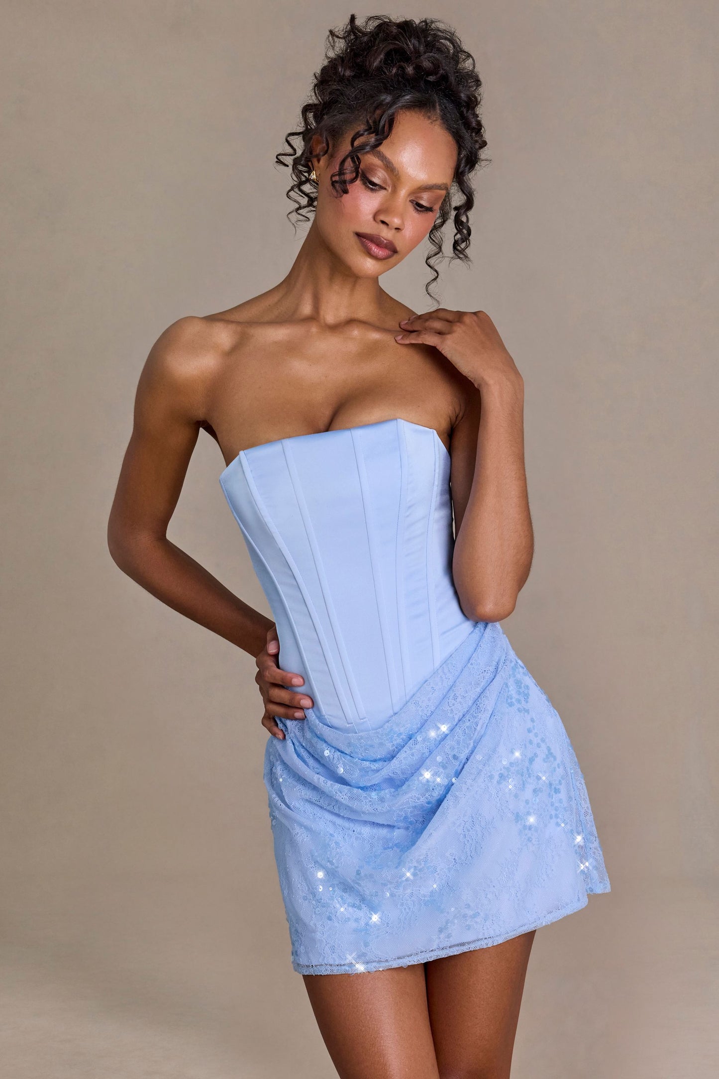 Satin Embellished Skirt Mini Dress in Sky Blue
