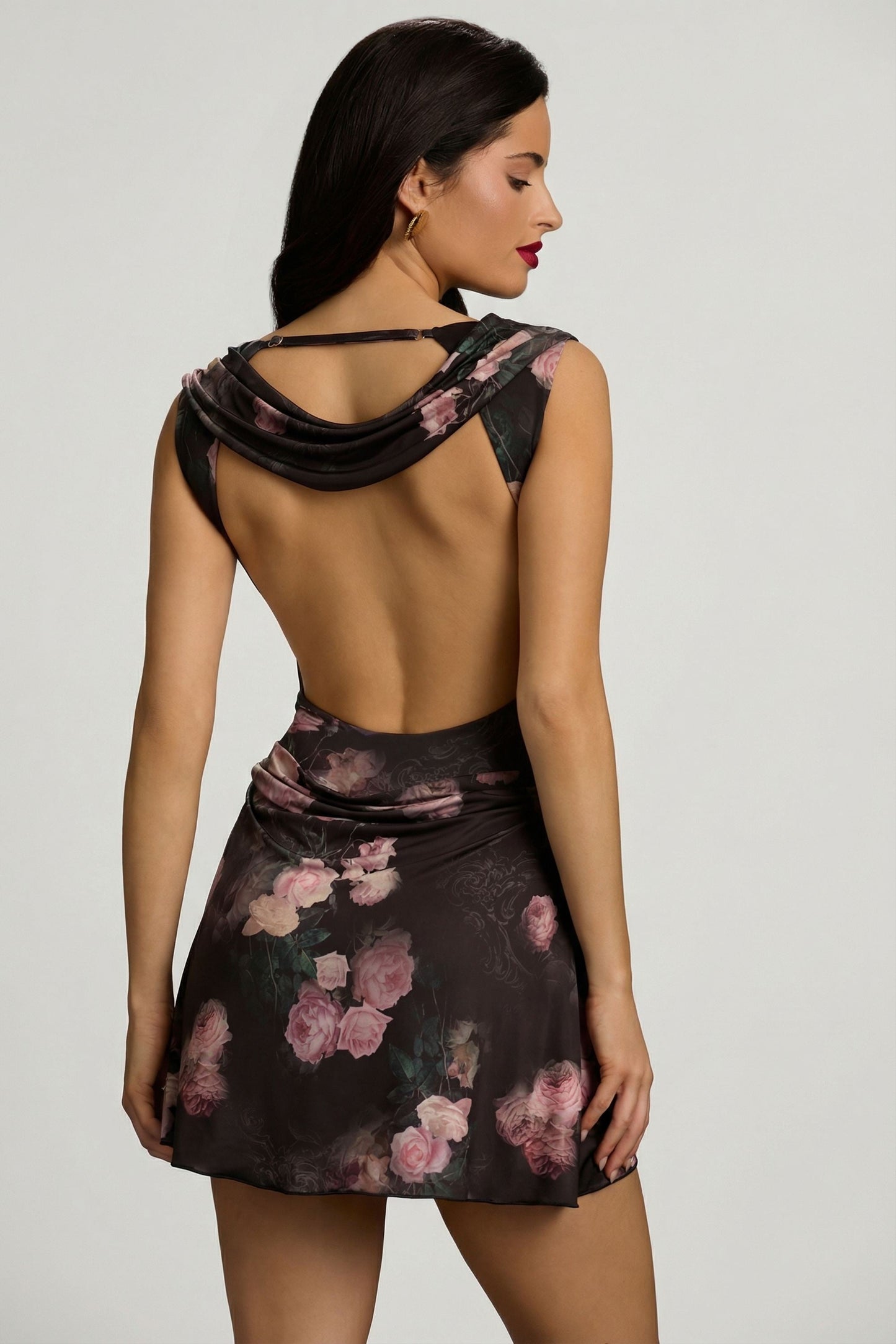 Draped Open-Back A-Line Mini Dress in Black Floral Print