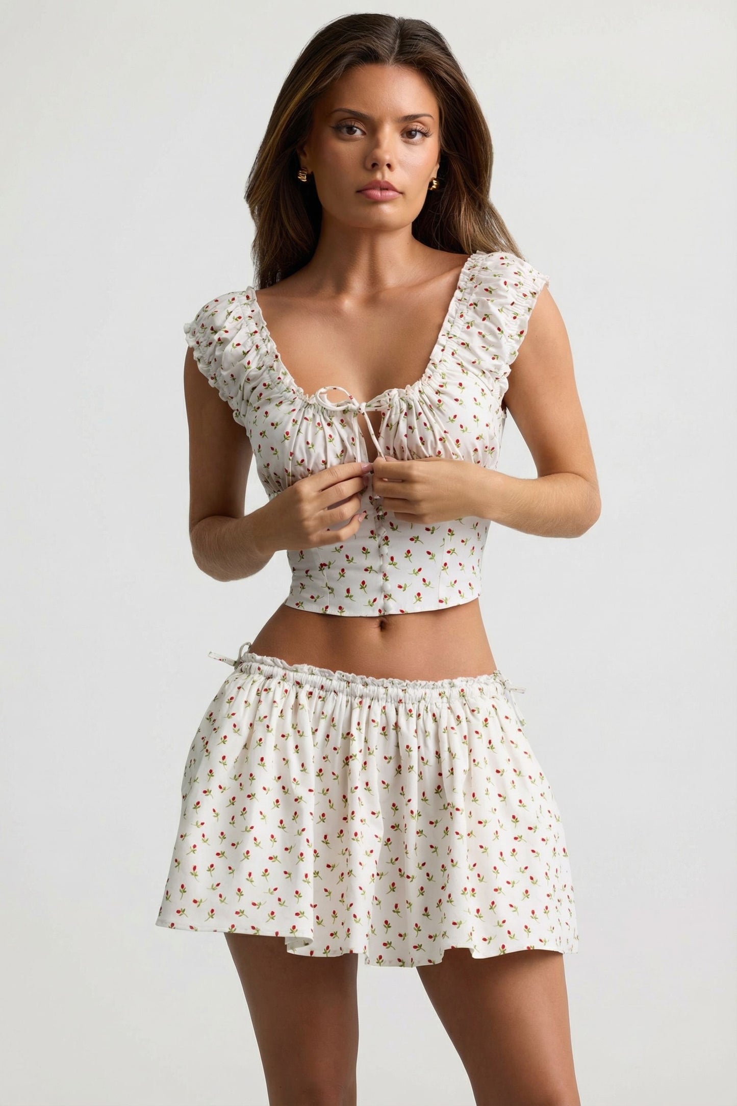 Ruched Cotton-Poplin Corset Top in Rose Print