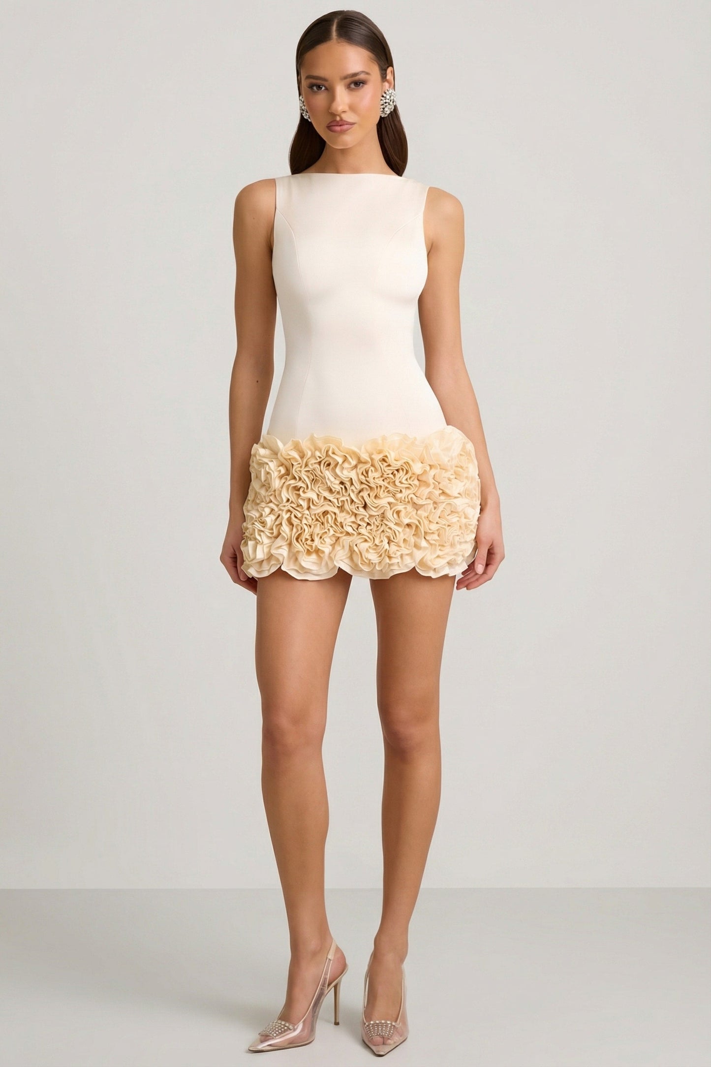 Satin Floral Appliqué Open-Back Mini Dress in Ivory