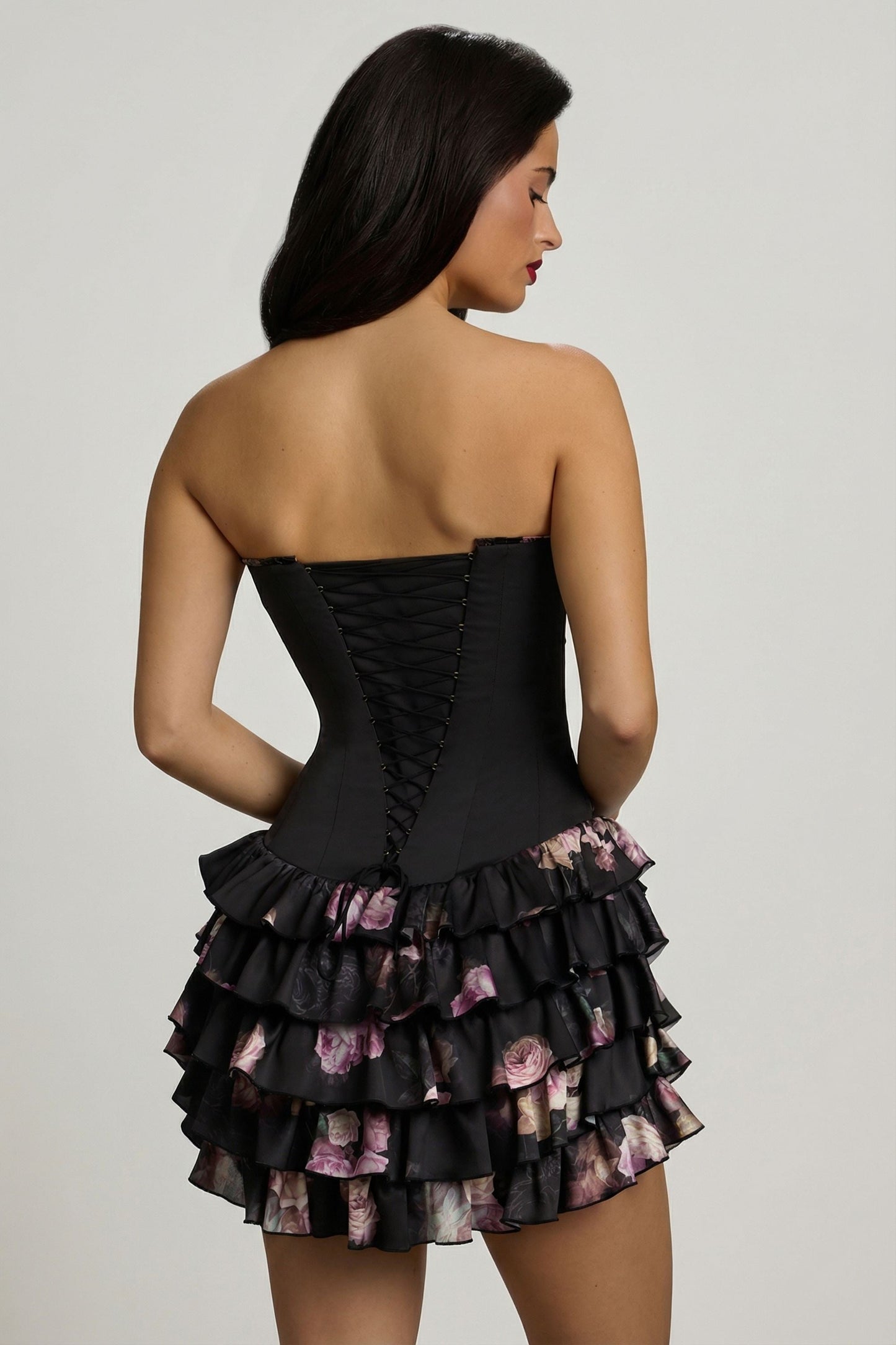 Strapless Ruffled Tiered Corset Mini Dress in Black Floral Print
