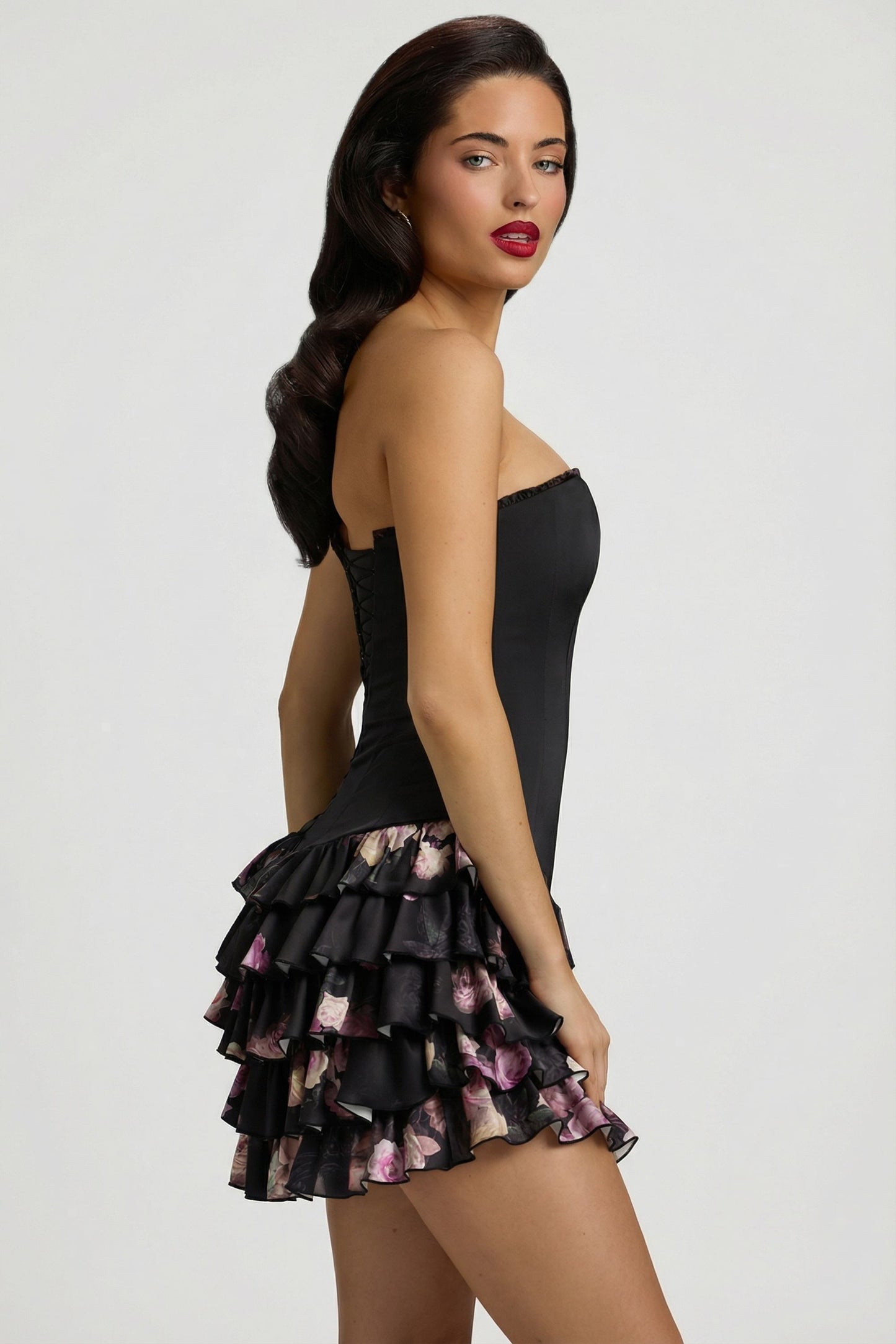 Strapless Ruffled Tiered Corset Mini Dress in Black Floral Print