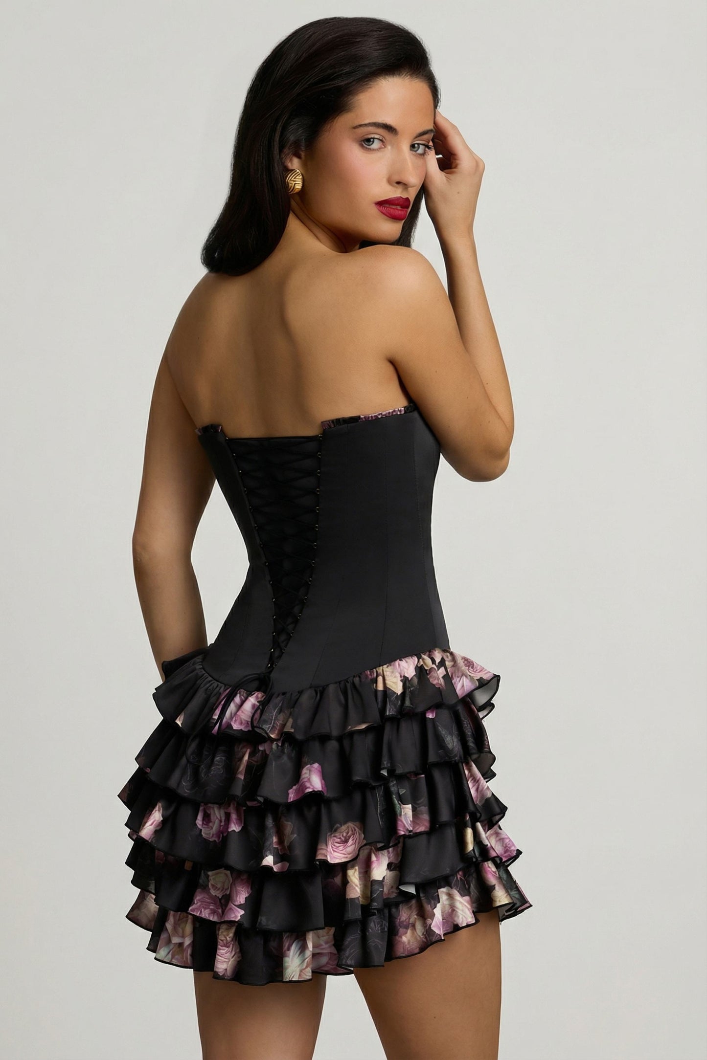 Strapless Ruffled Tiered Corset Mini Dress in Black Floral Print