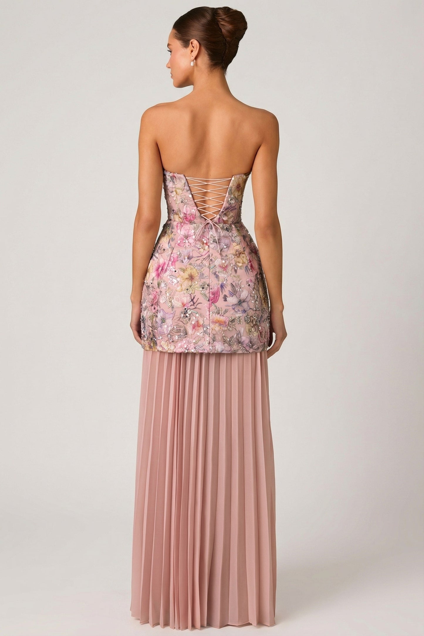 Embellished Convertible Lace-Up Gown in Floral Pink