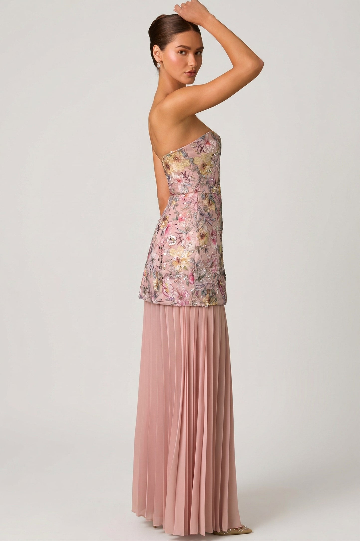 Embellished Convertible Lace-Up Gown in Floral Pink