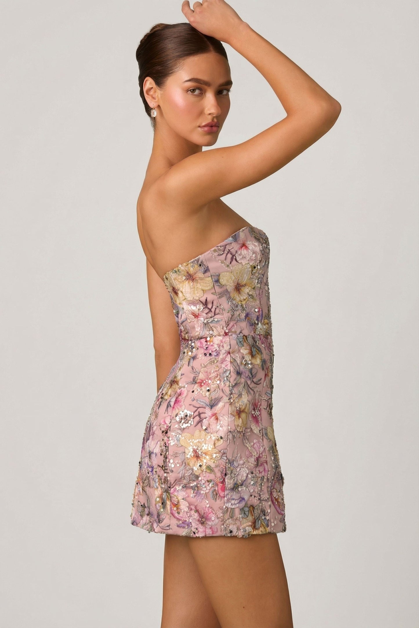 Embellished Convertible Lace-Up Gown in Floral Pink