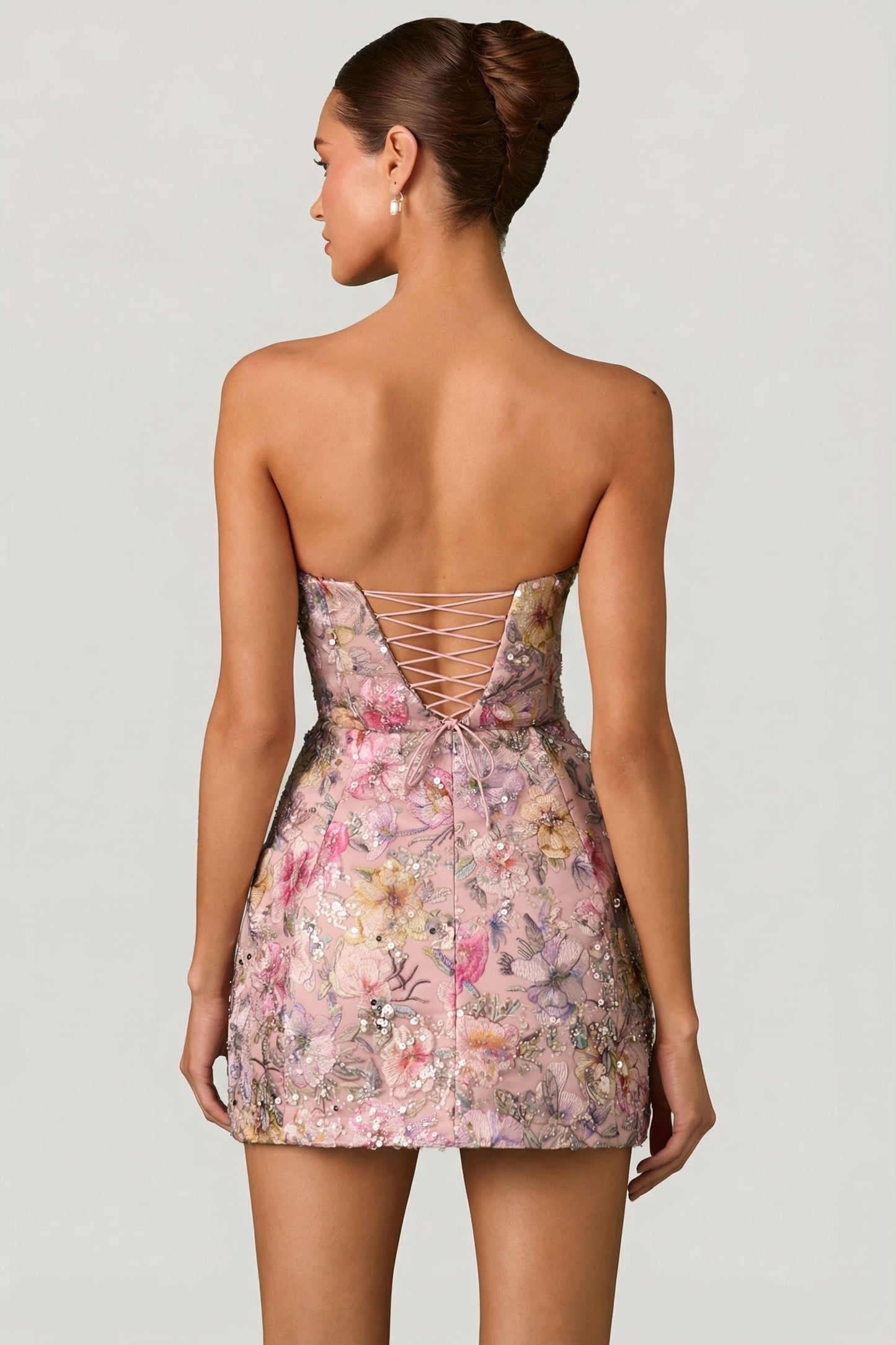 Embellished Convertible Lace-Up Gown in Floral Pink