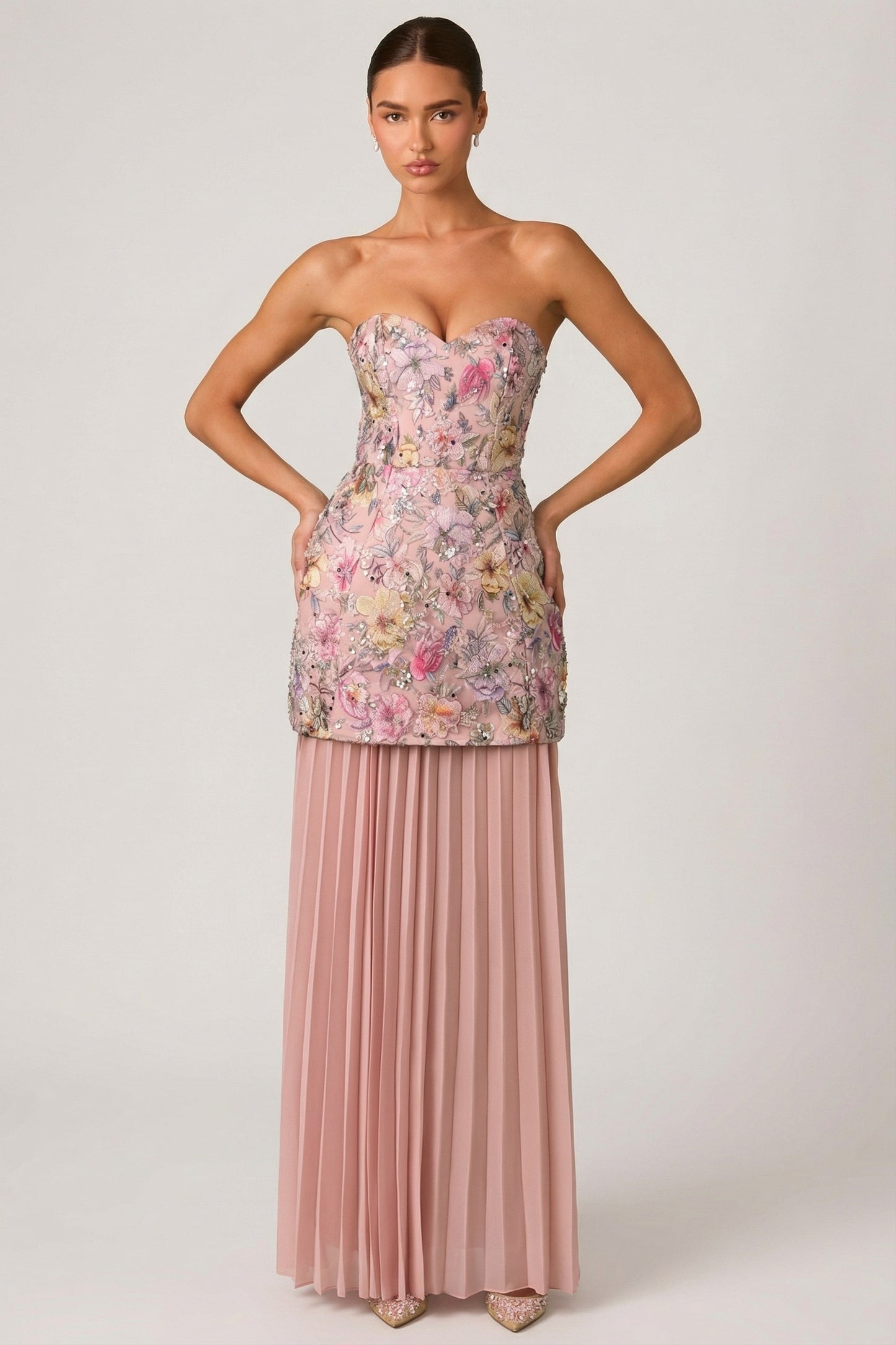 Embellished Convertible Lace-Up Gown in Floral Pink
