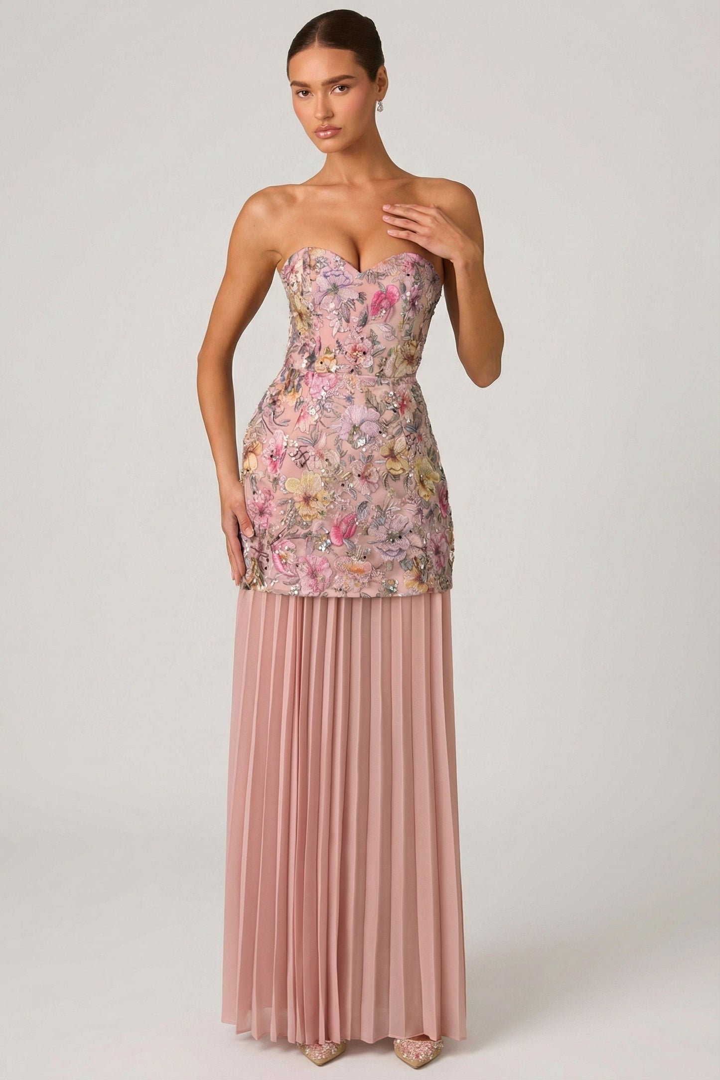 Embellished Convertible Lace-Up Gown in Floral Pink