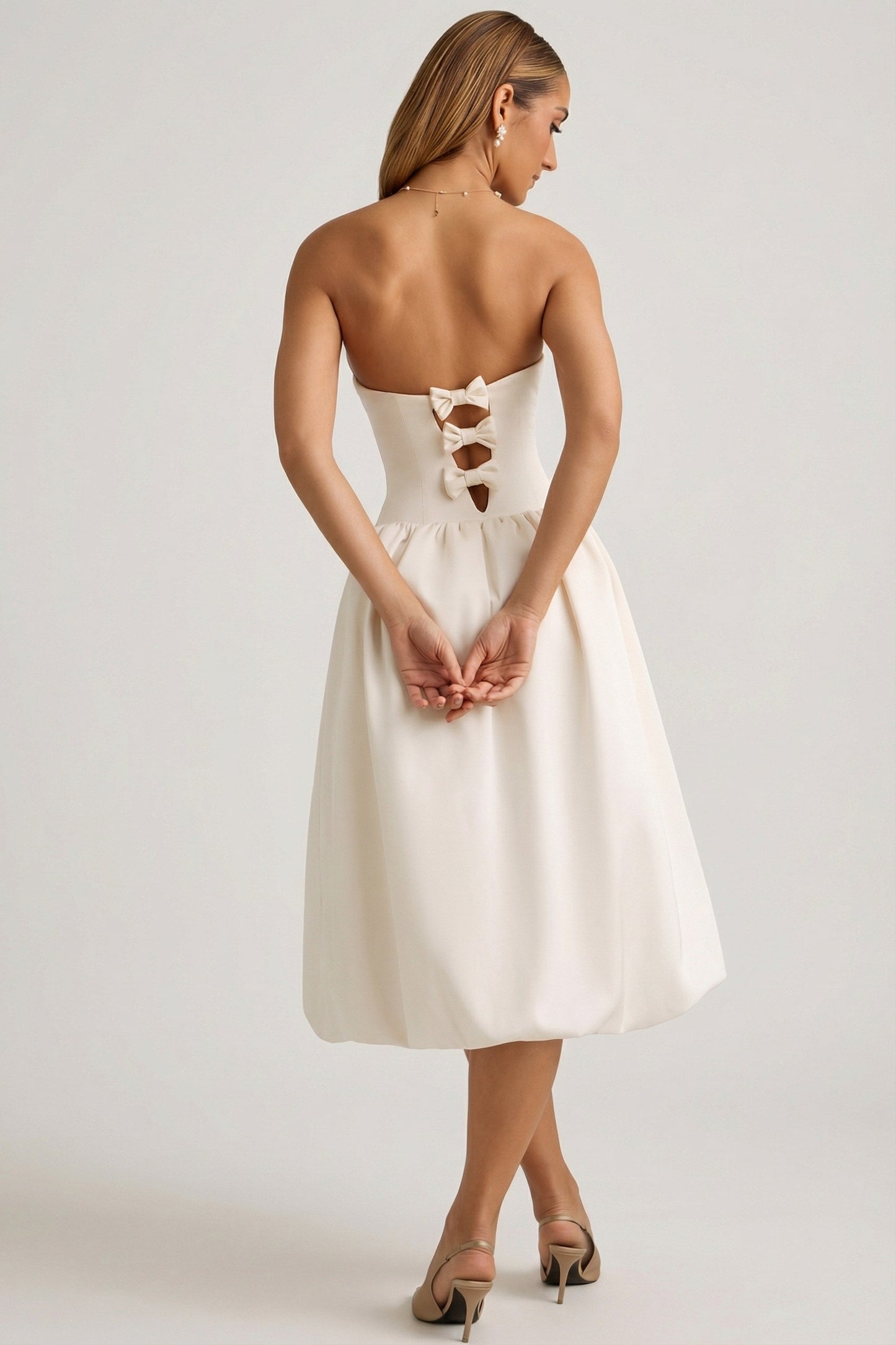 Convertible Bow-Detail Bubble Hem Midaxi Dress in Ivory