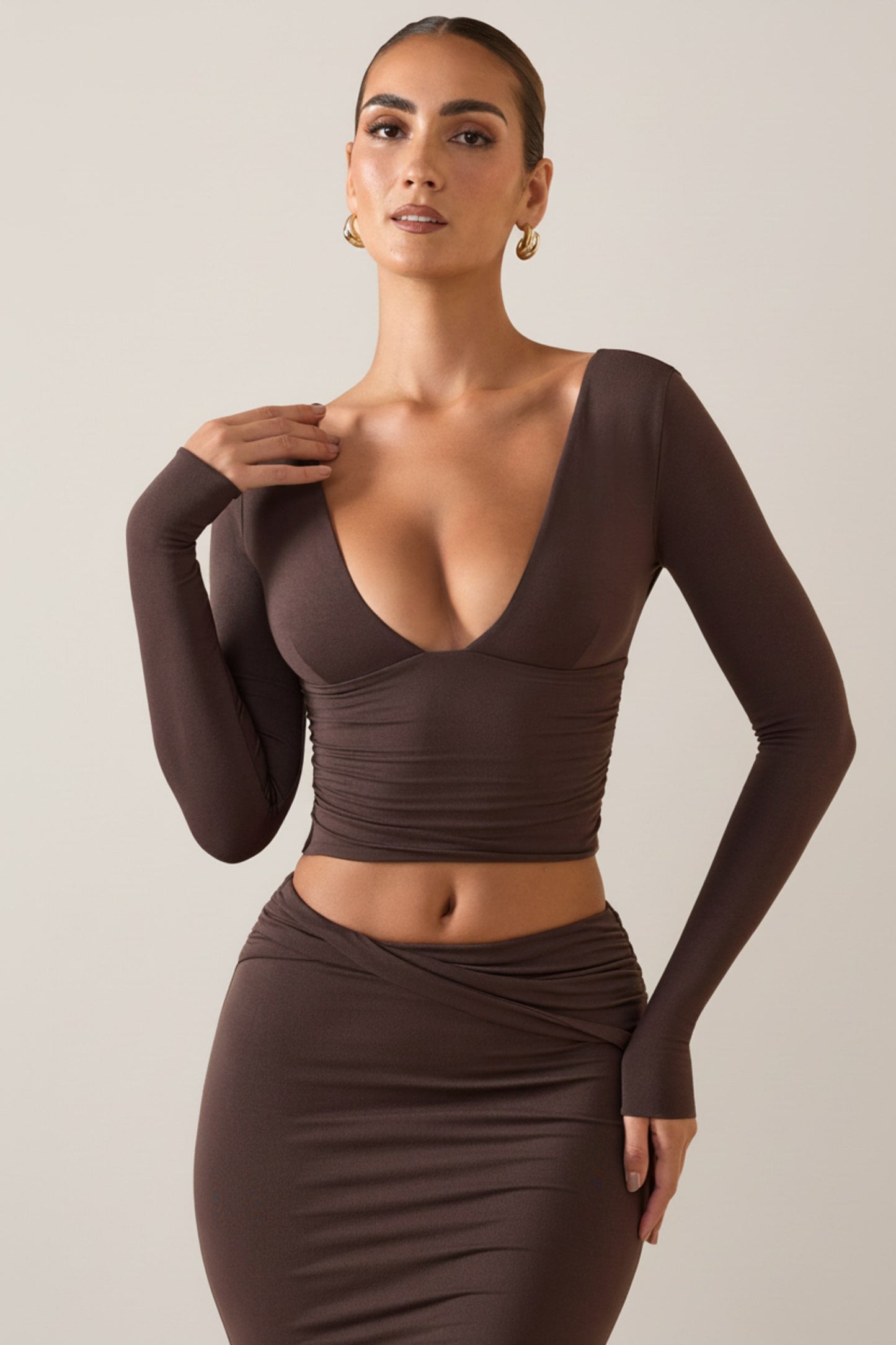 Modal Plunge Long-Sleeve Top in Chocolate Brown