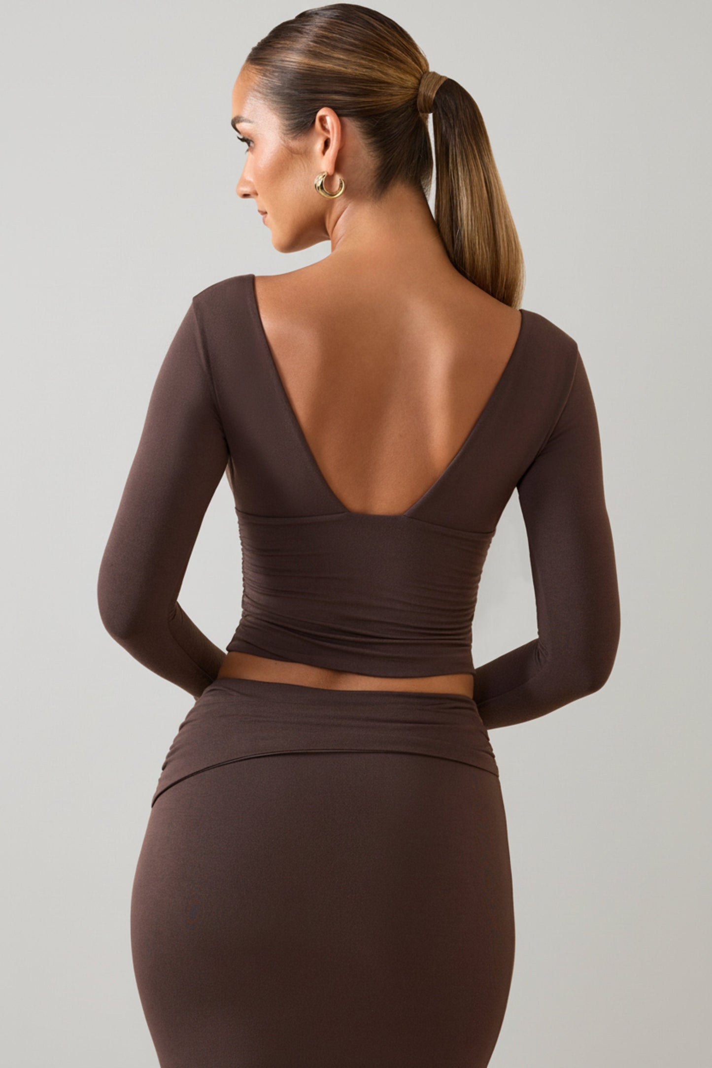 Modal Plunge Long-Sleeve Top in Chocolate Brown