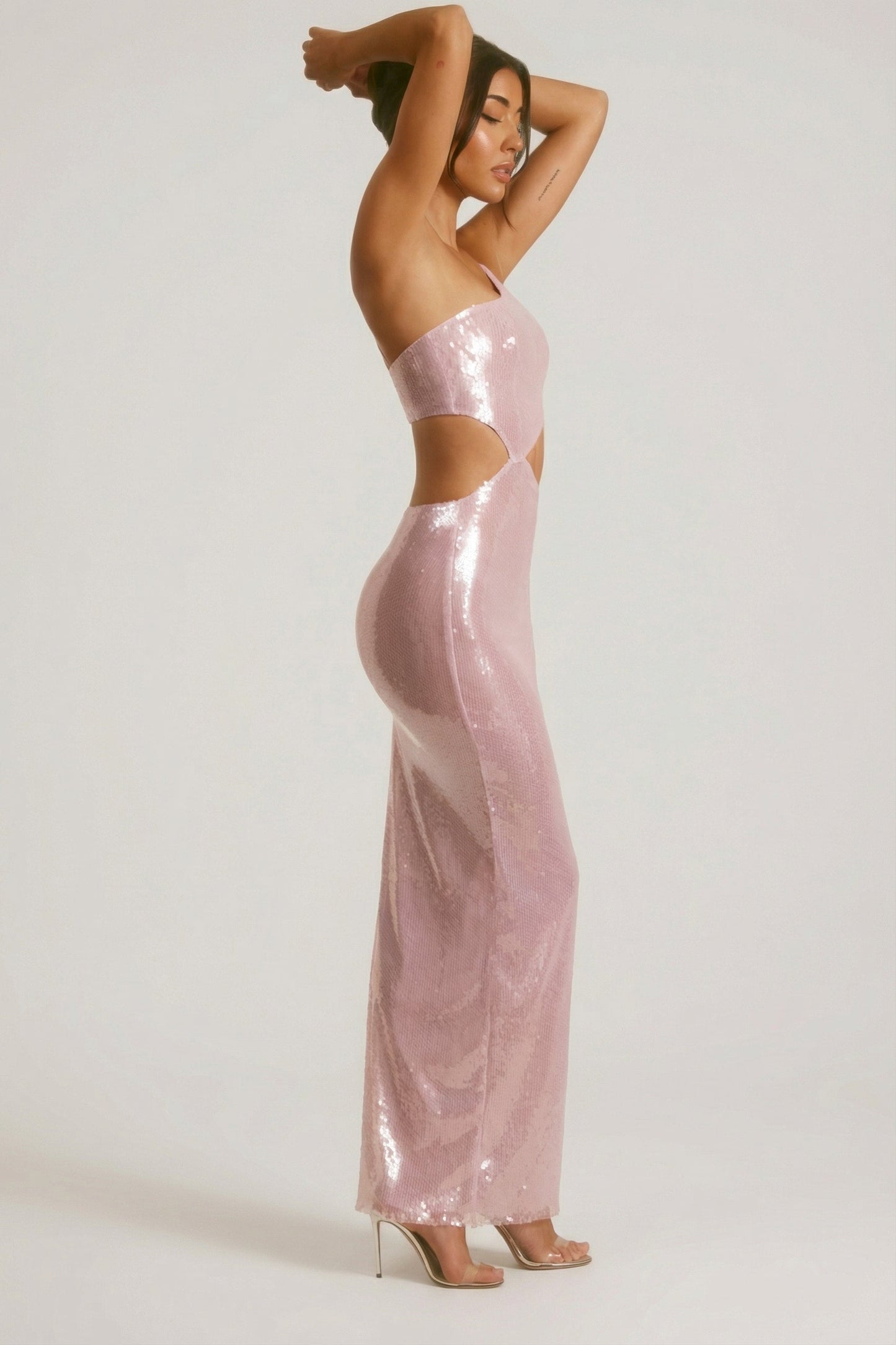 Sheer Sequin One Shoulder Cut Out Maxi Dress in Lilac