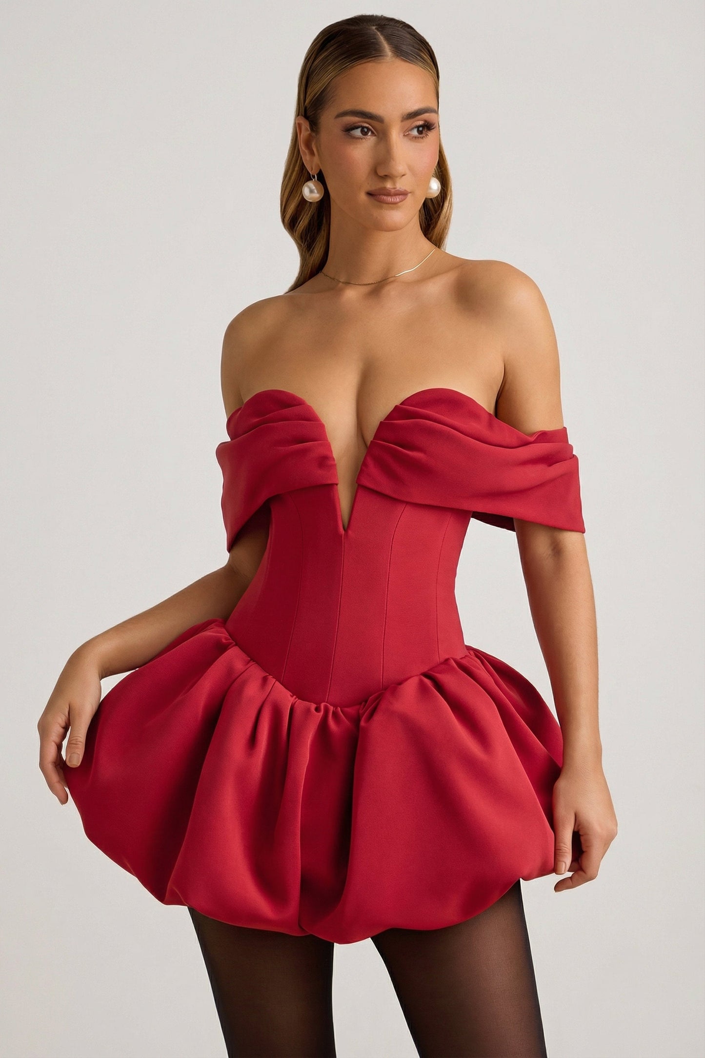 Off-Shoulder Layered Bubble Hem Corset Mini Dress in True Red