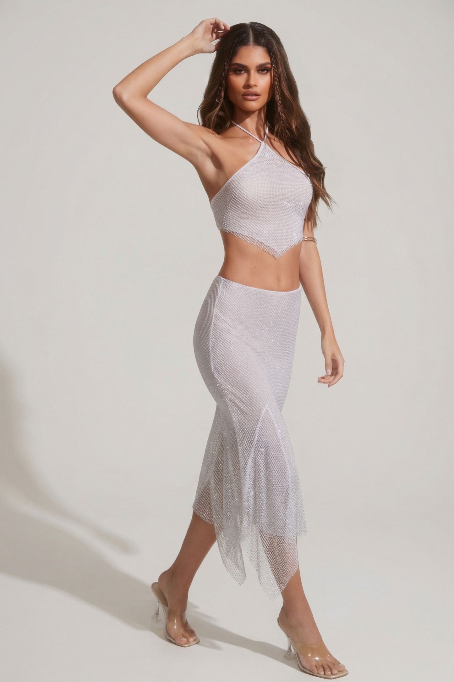 Embellished Handkerchief Hem Midaxi Skirt in Silver