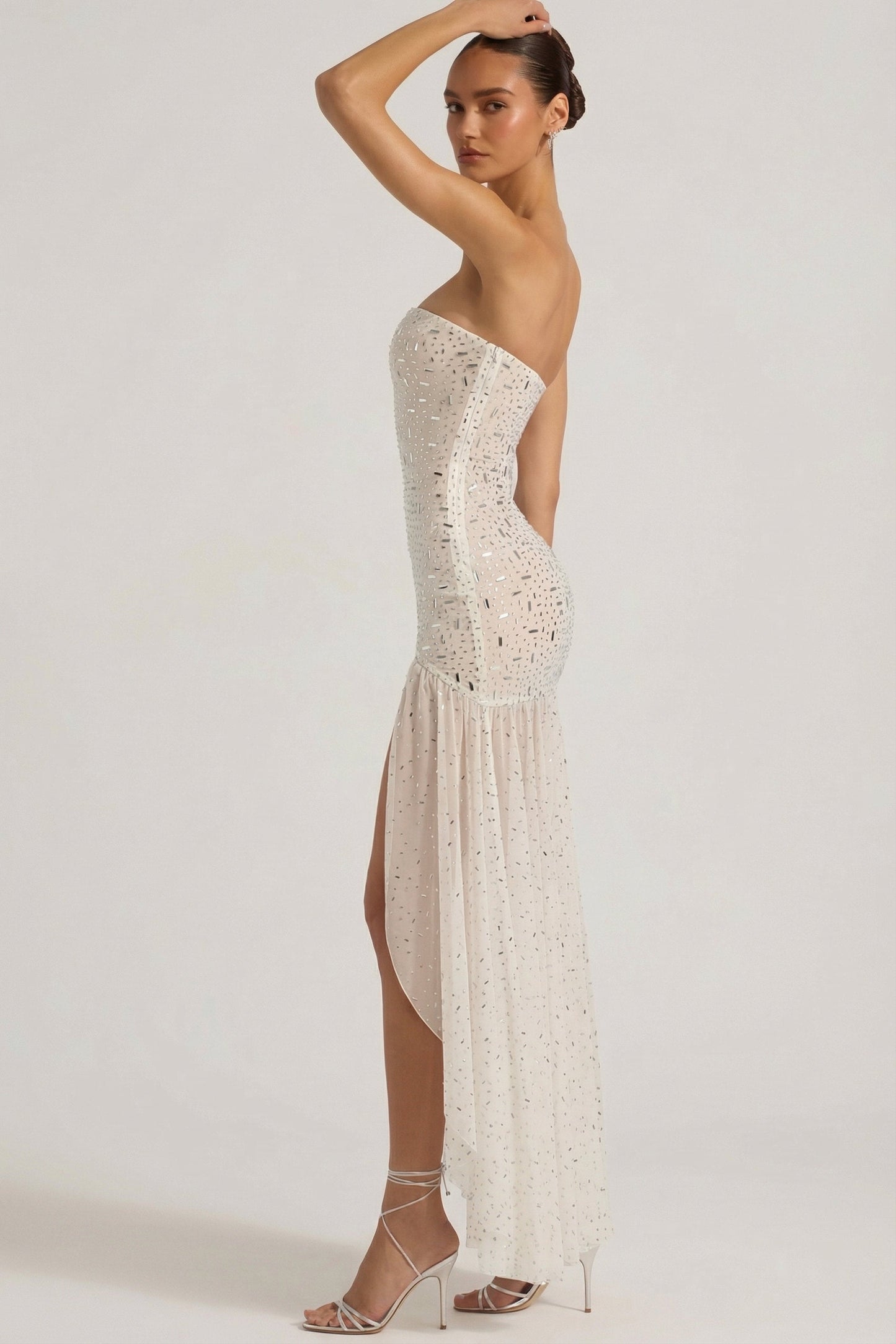 Semi-Sheer Embellished Asymmetric Maxi Dress in White