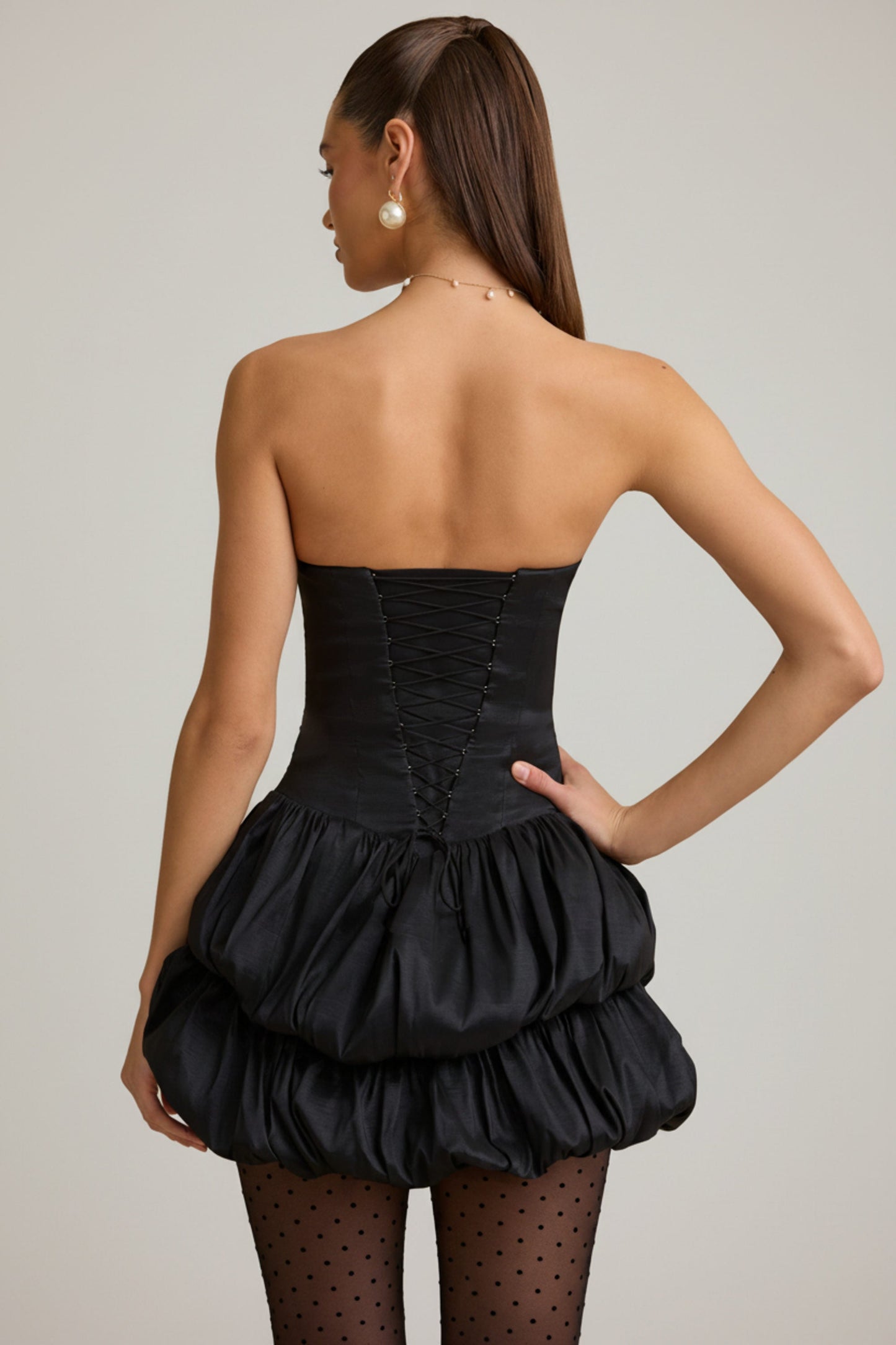 Satin Bubble Hem Corset Mini Dress in Black